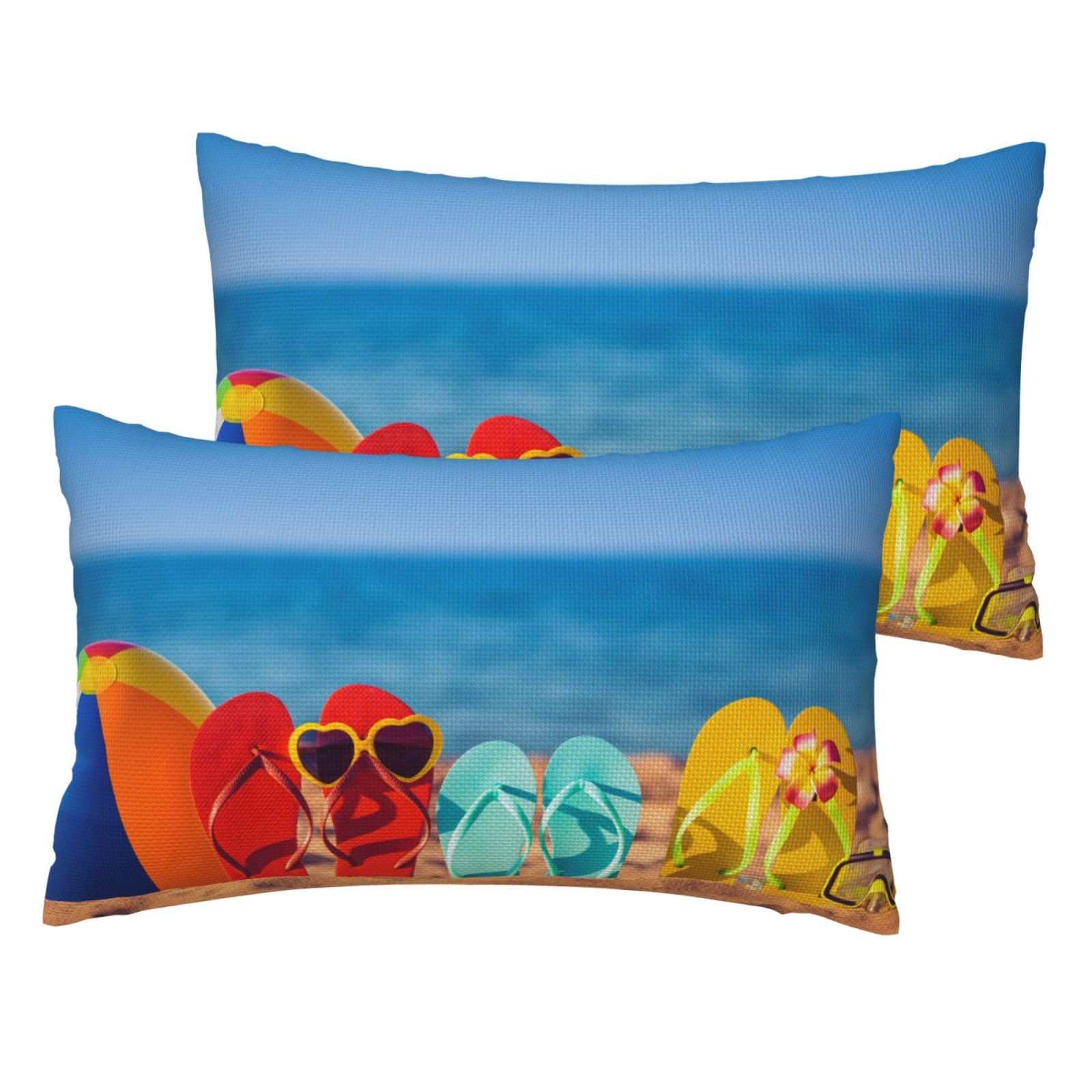 Housse de coussin imitation lin motif plage lot de 2 pour déco salon bord de mer
