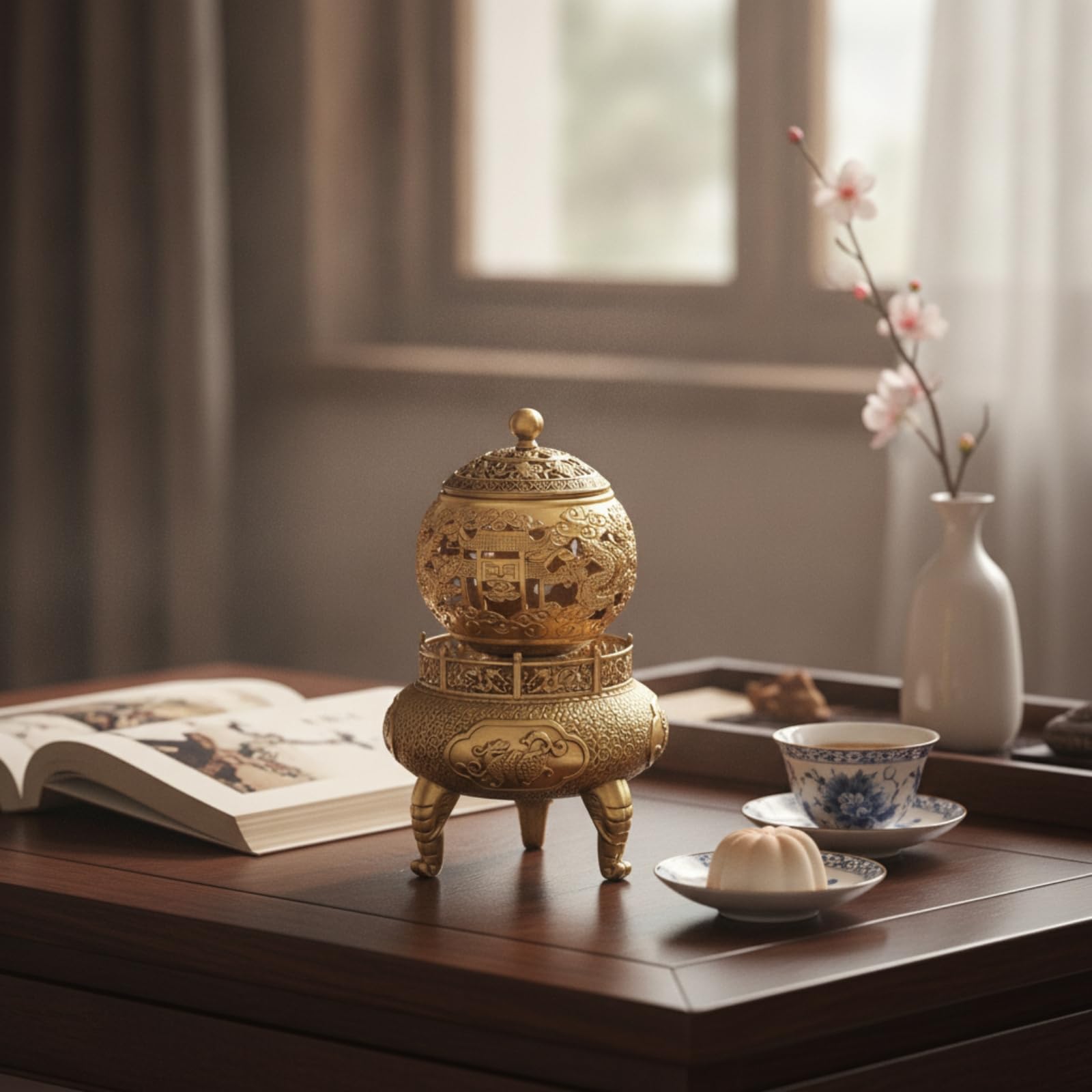 MagiDeal in Ottone tore Censiere Diffusore Compatto da Tavolo con Coperchio Forato Finiture in Rilievo Robuste Adatto a Meditazione Tisane Scrivania Mensole, Ottone