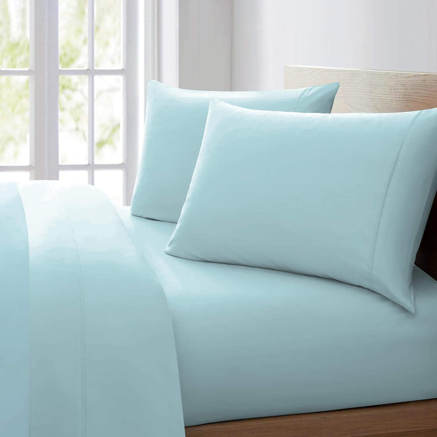 Pointehaven Combed Cotton Percale Solid Twin Aqua Bed Sheet Set - Soft Cotton - Crisp Feel - Breathable - Fits Extra Deep Pocket Mattresses