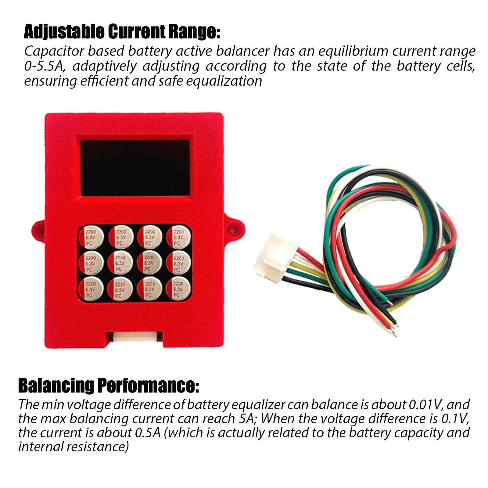 Bilanciatore attivo della batteria 5A LiFePo4, equalizzatore di batteria basato su condensatore 12V 4s, bilanciatore attivo adattivo della batteria 0-5.5A per LFP e NCM, display digitale della