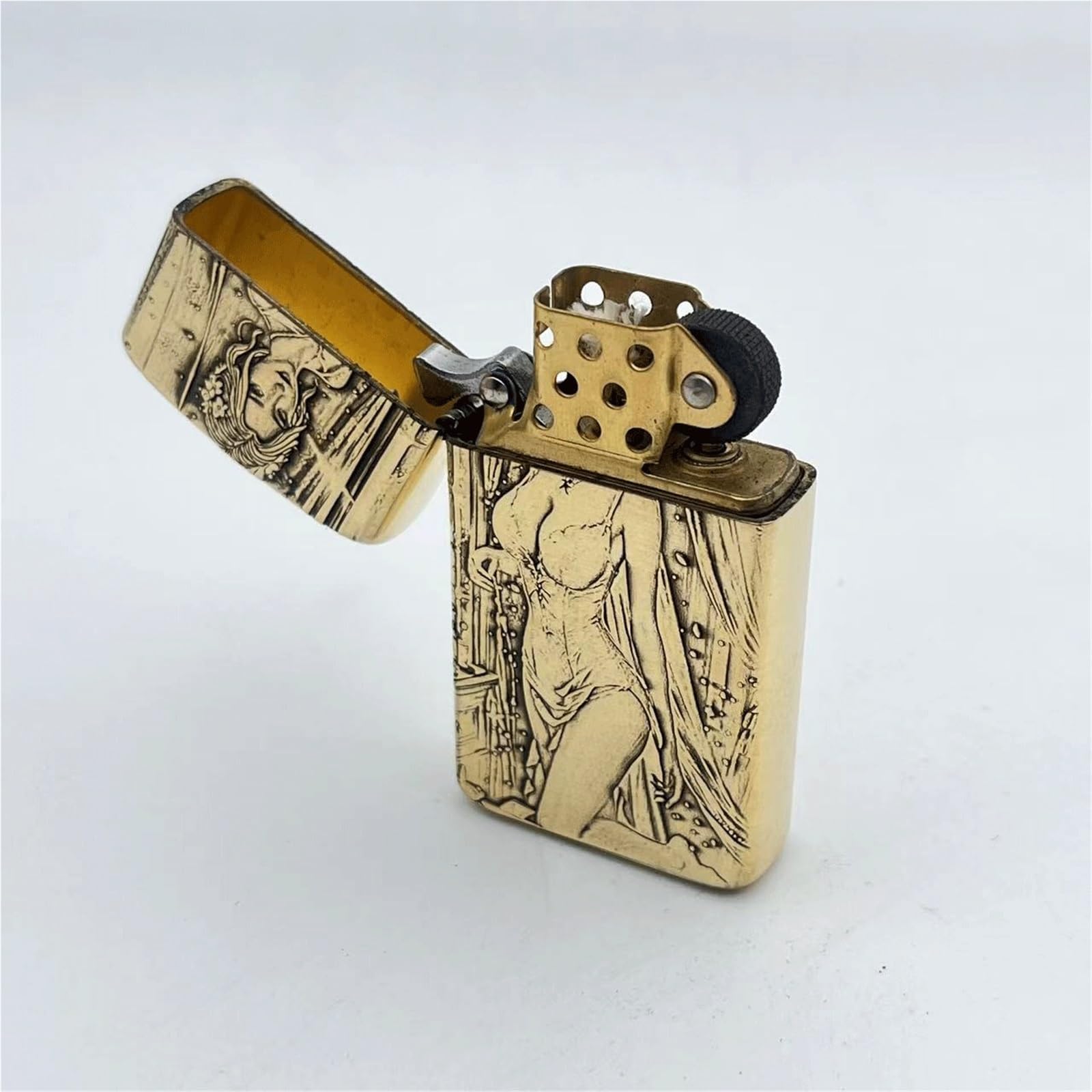 Accendino a Cherosene Stretto Antivento, Accendino Vintage in Rame Puro con Stampa bifacciale, accensione a Mola, combustibile Ricaricabile, Regalo for Uomo (Cherosene Non Incluso)(Brass)