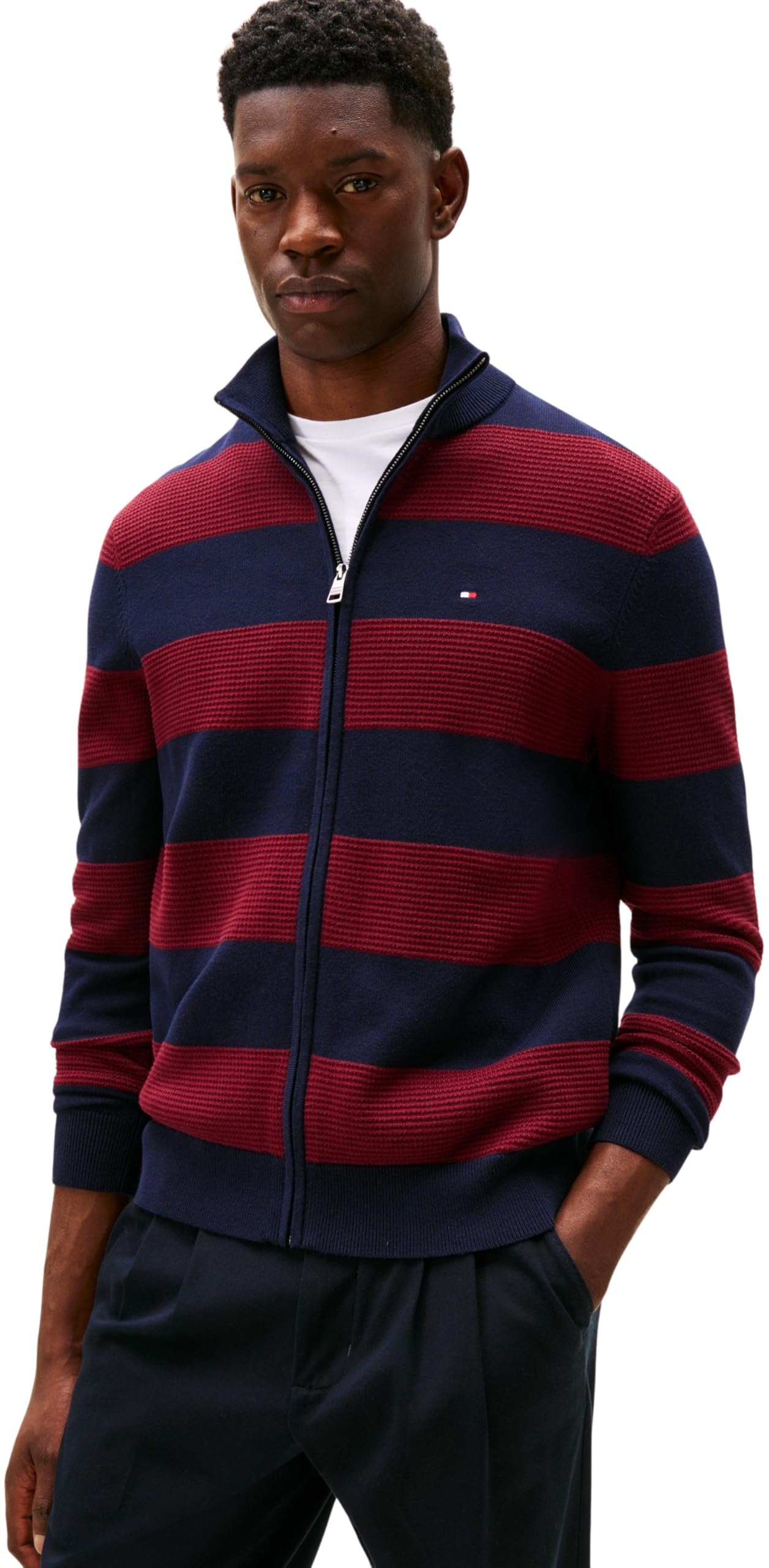 Tommy Hilfiger Herren Pullover mit Reißverschluss Cotton Zip Through mit Stehkragen