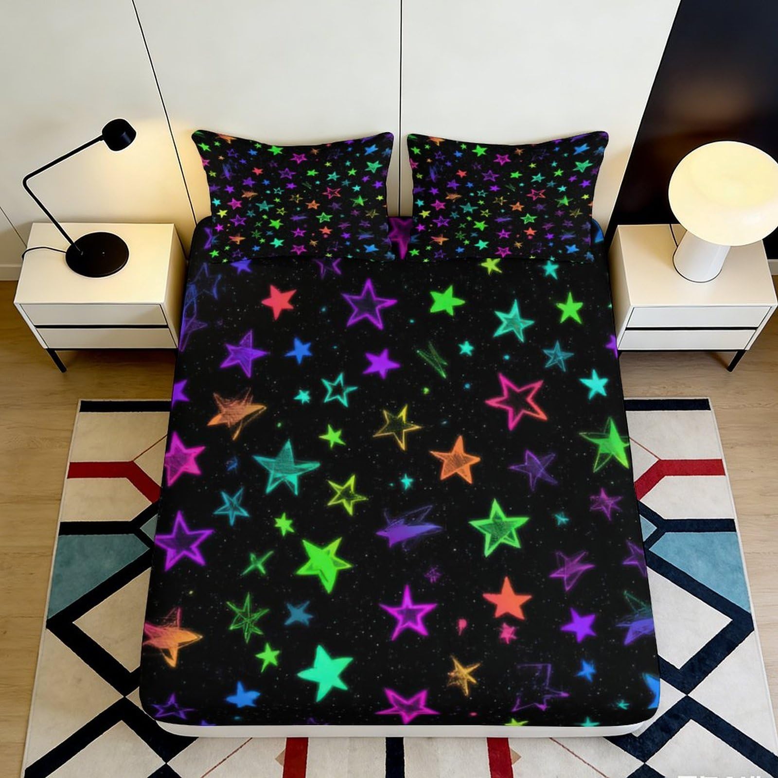 3D Printed Neon Star Fitted Sheet Microfiber Soft Breathable Cosmic Nebula Mattress Cover for Bedroom Dorm Decor 90x200x25cm