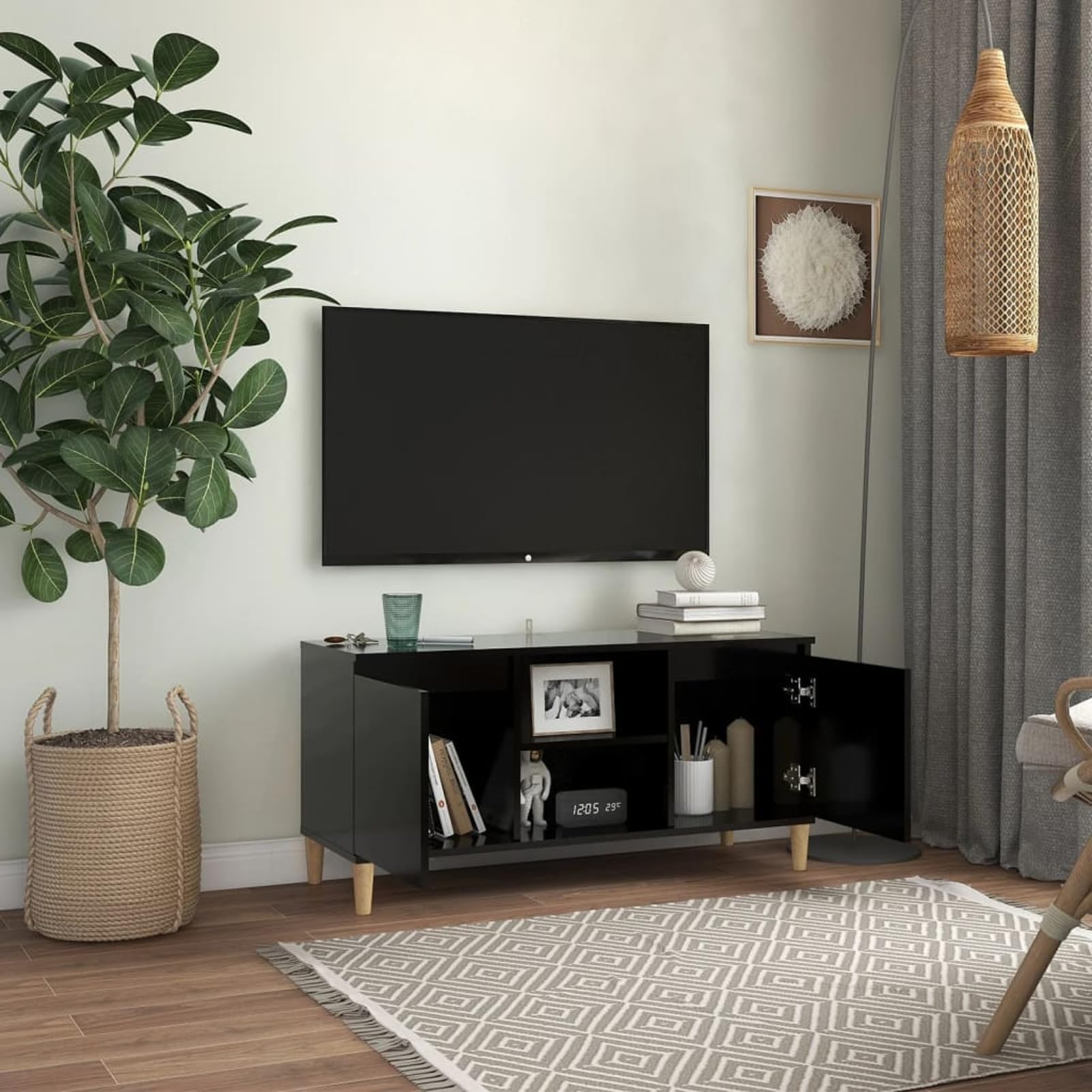 Gecheer Mobile Porta TV, Design scandinavo con 2 Ripiani e 2 Scomparti, 103,5 x 35 x 50 cm, in Legno ingegnerizzato ed eucalipto, per Soggiorno