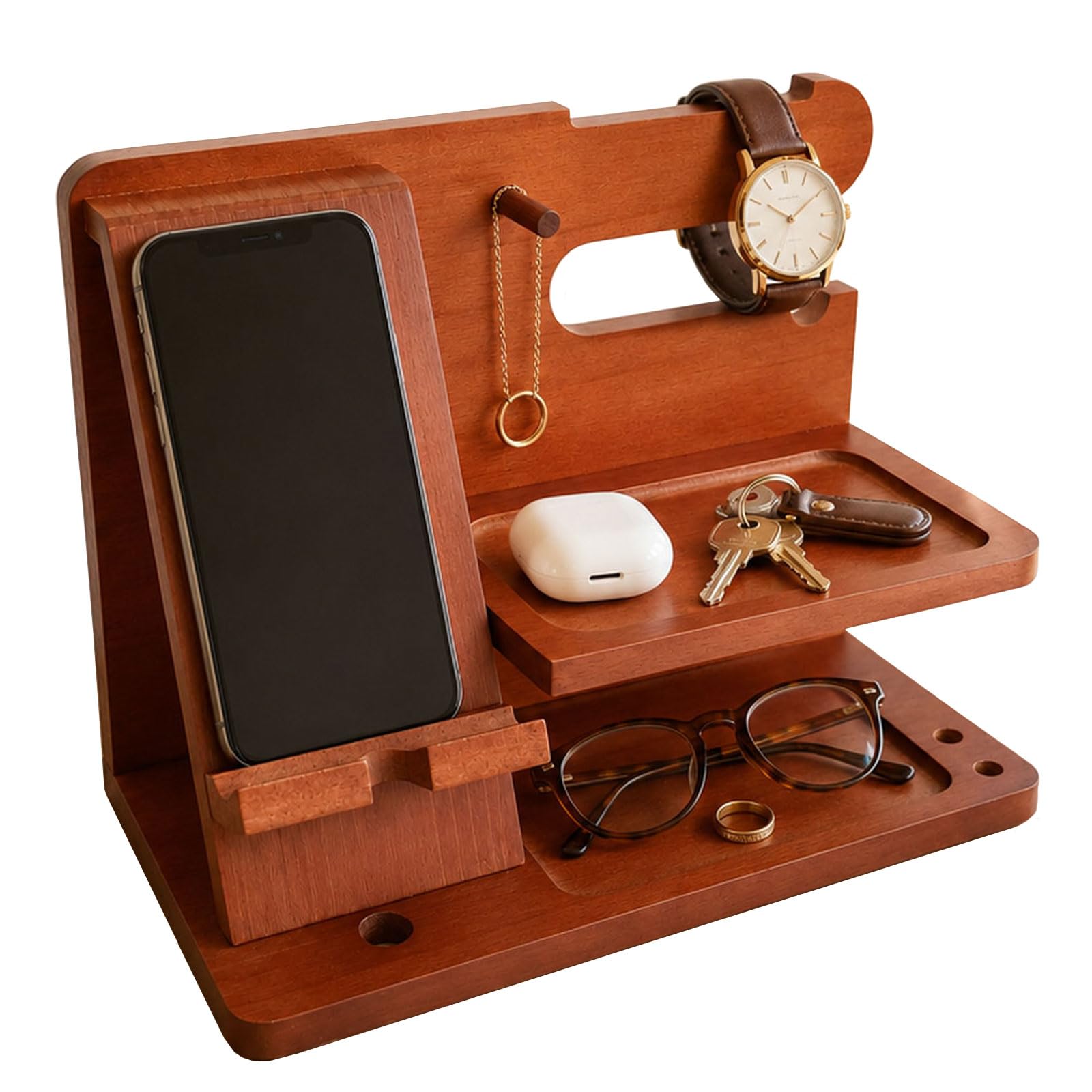 PSKJHN Wooden Phone Holder And Watch Stand, Entryway Key Organiser with Valet Tray, Solid Wood Storage Rack for Wallet Glasses Ring Necklace Earbuds, Hallway Desk Tidy Brown,25 * 14 * 17cm