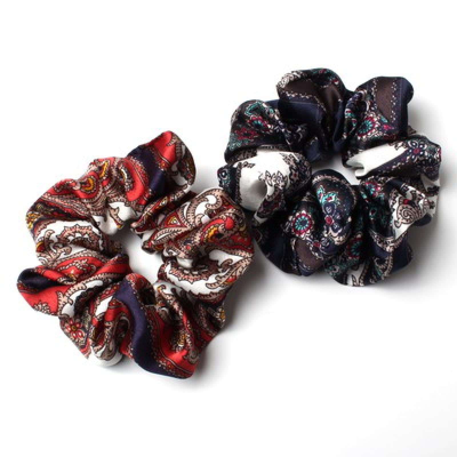 ACiyD Paquete de 2 coleteros de satén Retro para Mujer, coleteros con Estampado de Cadena, Lazos para el Pelo, Gomas elásticas Anchas para el Pelo, tocados, Color E (Color E)