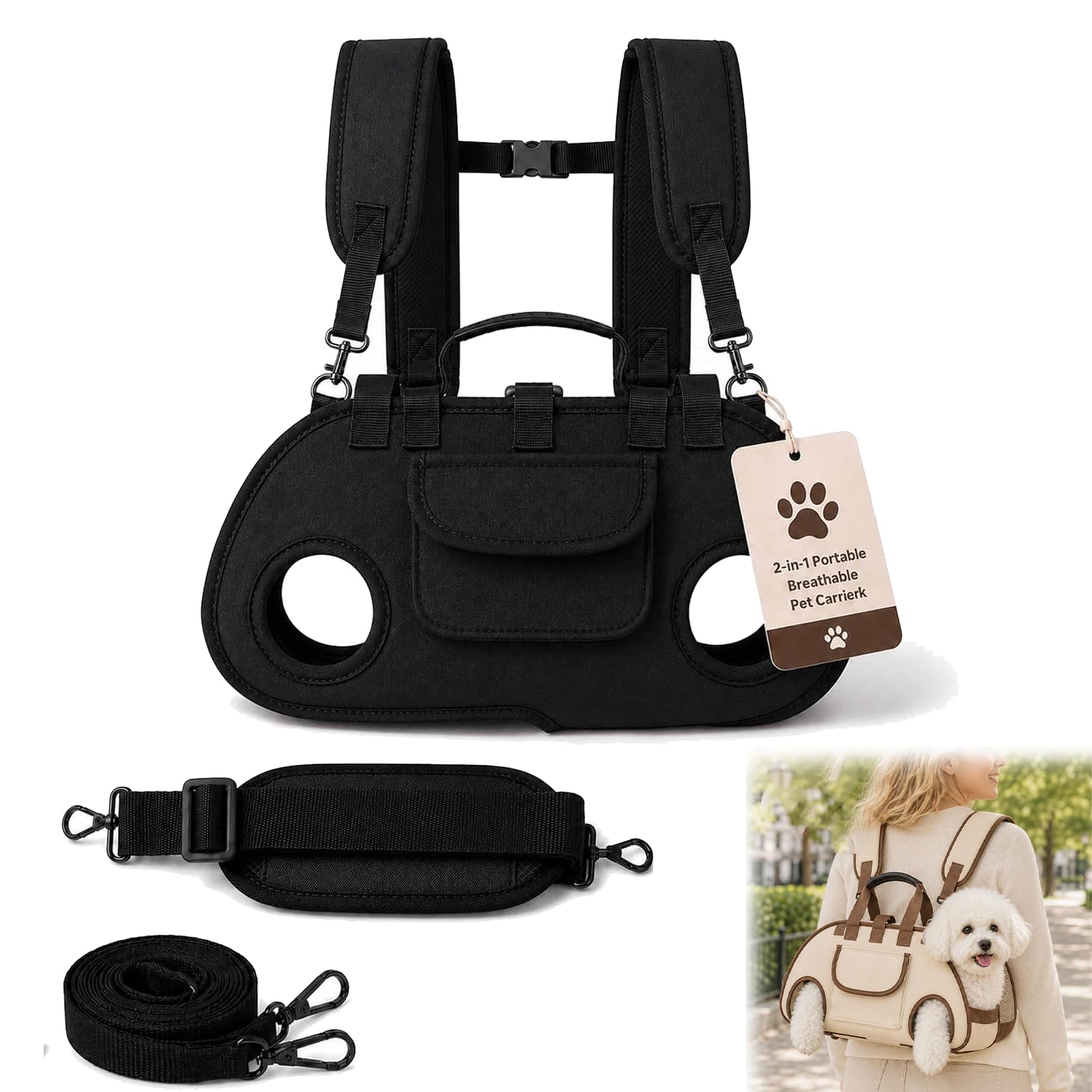 2-in-1 Portable Breathable Pet Carrierk for Small Dogs, Multifunctional Traction Dog Bag with Adjustable, Multi-style Everyday Carry, For Dogs Cats，Black, Backshoulders, M