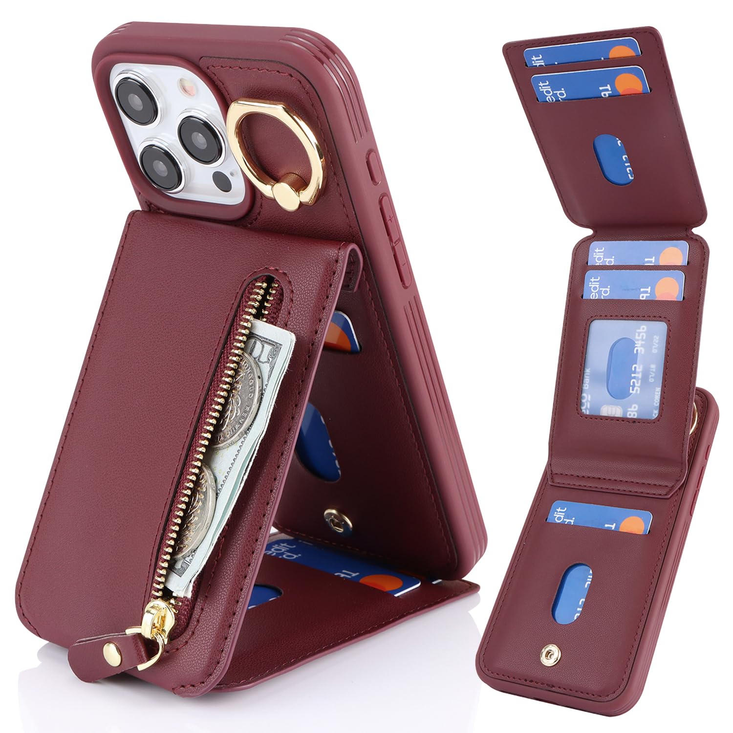 DEYHU for iPhone 14 pro Max Case with Card Holder for Women, for iPhone 14 pro Max Phone Case Wallet with Credit Card with Ring Kickstand Zipper Shockproof Slim Stand Case - Red Wine