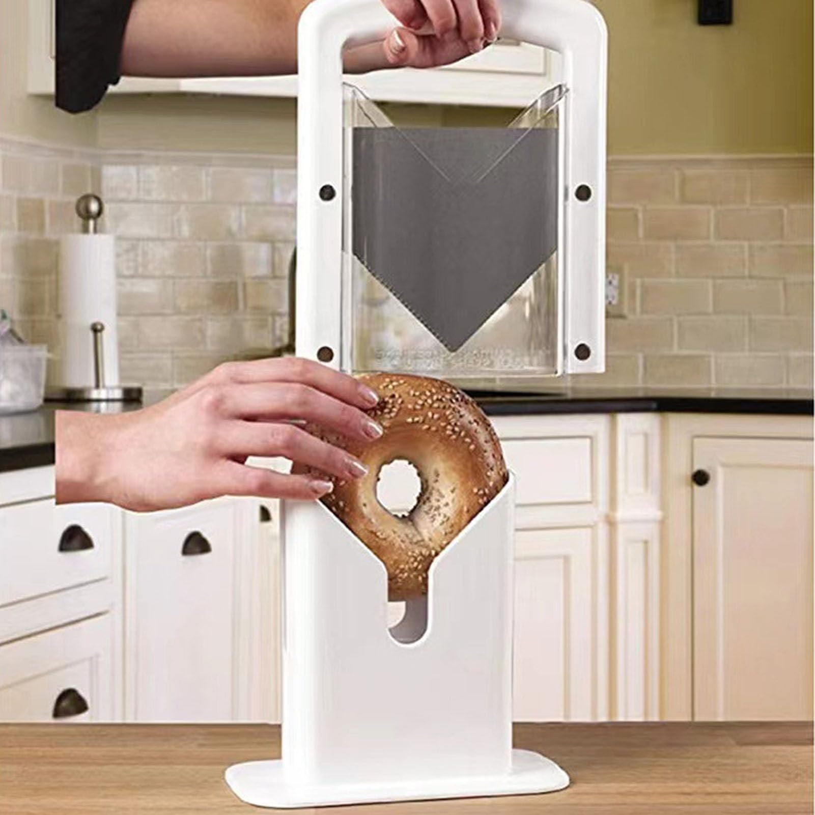 Luocute Coupe-bagel, Lame en Acier Inoxydable avec Couvercle de sécurité Transparent pour Bagels, Pain, Muffins, Petits Pains, Conception Amovible, Facile à Nettoyer, Trancheuse