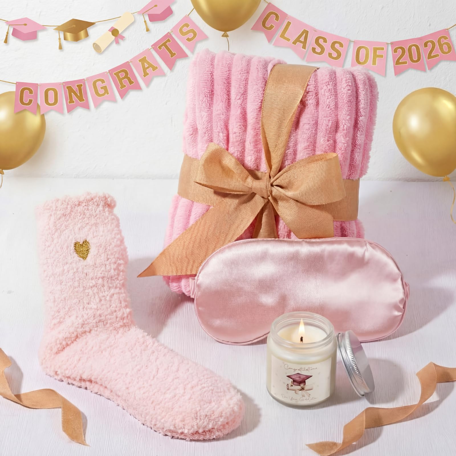 Patelai Pink Graduation Gift Basket Set for Her 2026, with Tumbler Blanket Candle Socks Bracelet Eye Mask Card, High School College Masters Degree Graduation Gifts for Friend Daughter Niece