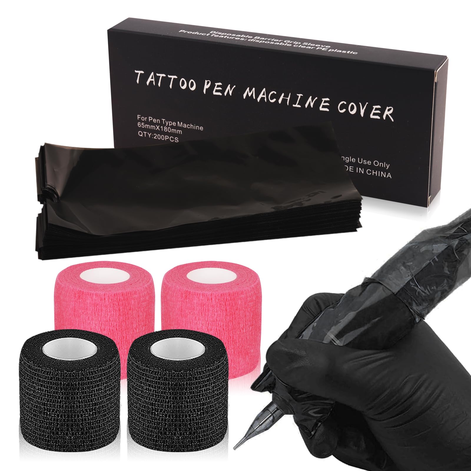 Tattoo Machine Pen Covers with Grip Tape Wrap - Narkysus 200Pcs Large Tattoo Machine Covers Black Tattoo Pen Bags Covers and 4Pcs Tattoo Machine Tape Grip Wrap Self-Adhesive Tape Tattoo Supplies