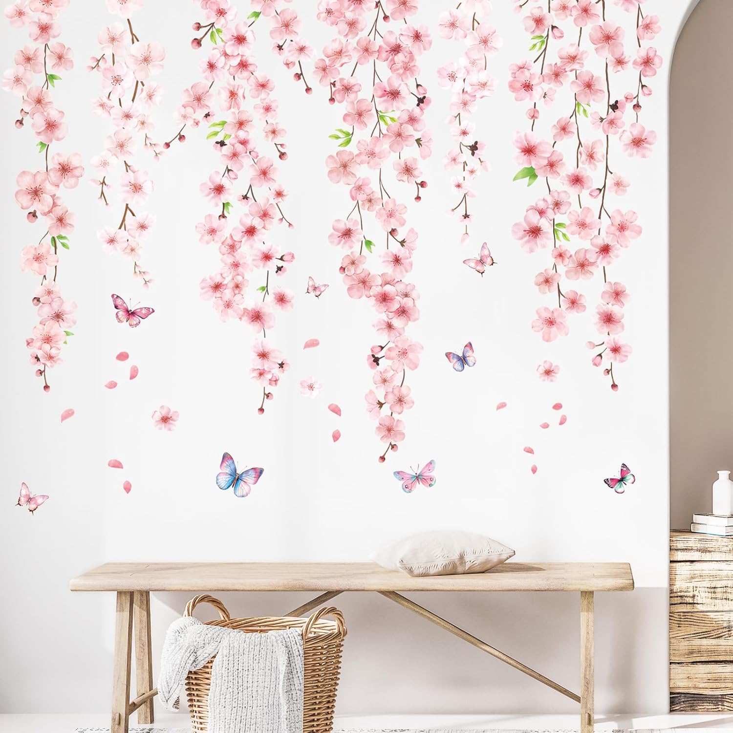 SHUCHING Cherry Blossom Wall Sticker Peel and Stick, Vinyl Haing Vine Wall Decal, Pink Flower Wall Decor Art for Girls Room Living Room Bedroom