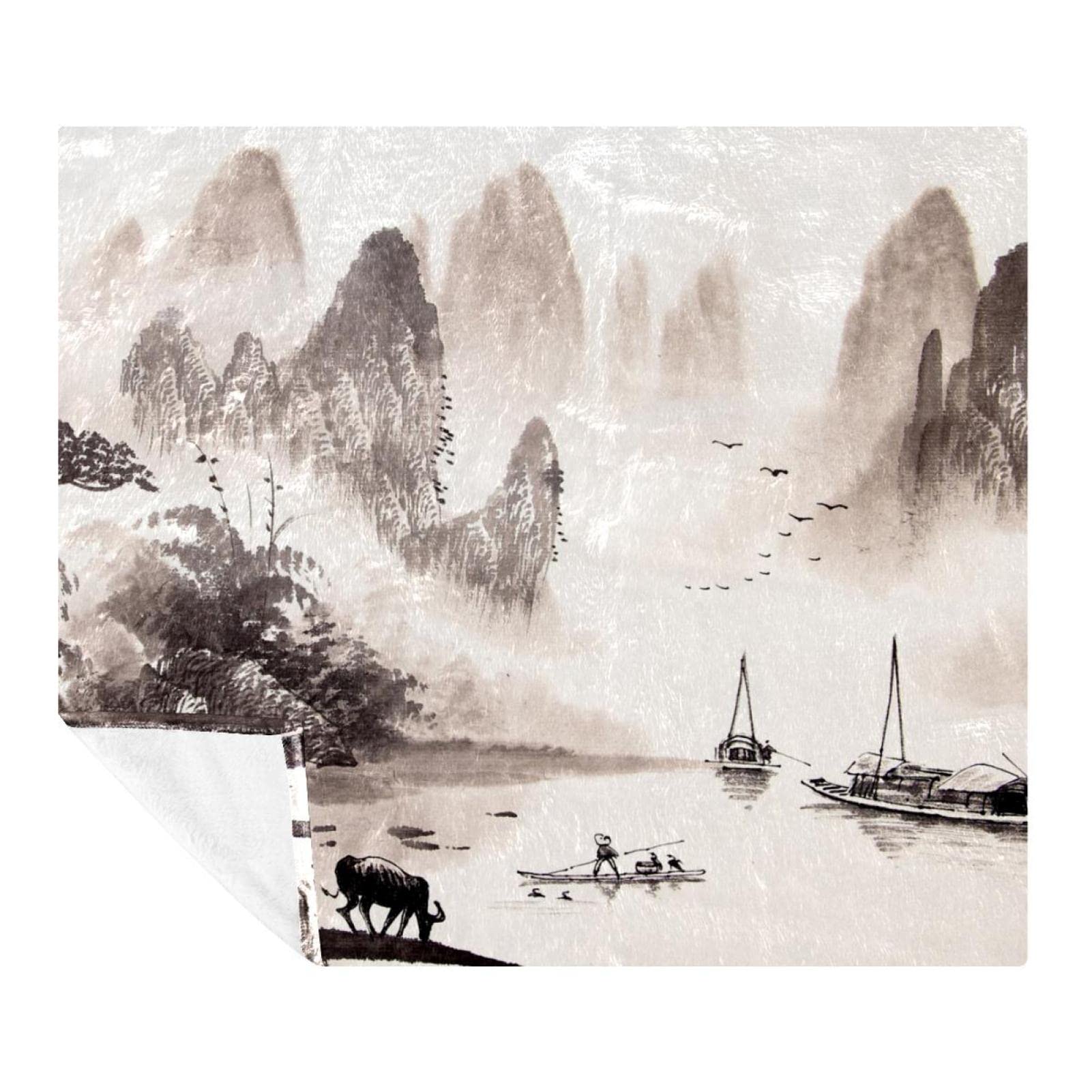 Couverture polaire paysage chinois en microfibre 150x130 cm pour lit et canapé