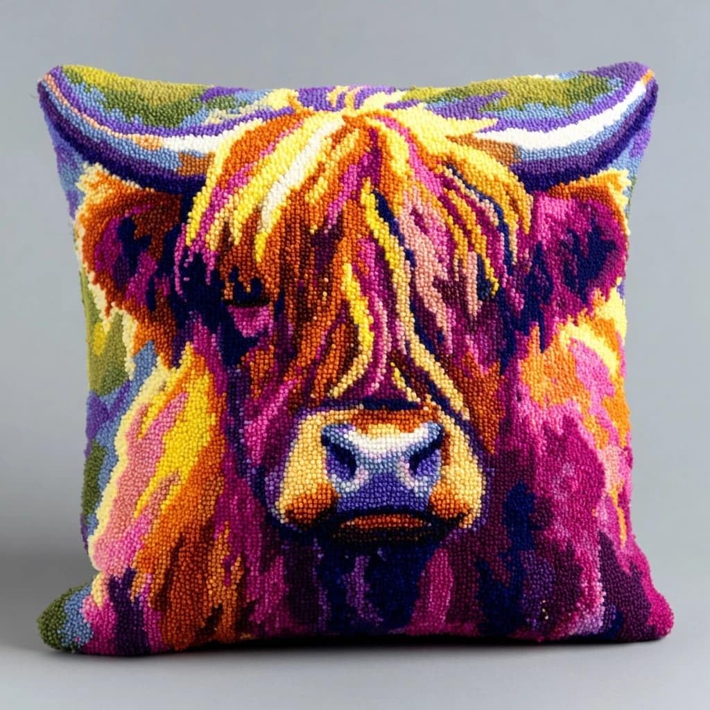 Henypt DIY Latch Hook Rug Kits,Latch Hook Cushion Kits, Highland Cattle