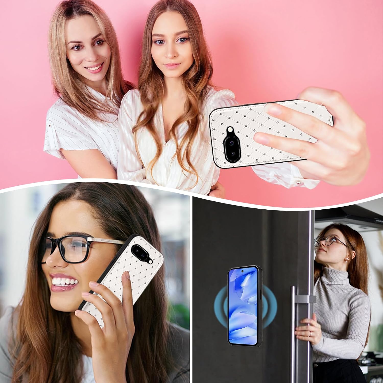 Phone Case for Google Pixel 9A Zipper Wallet Detachable Magnetic Cell Cover with Screen Protector Crossbody Lanyard Strap Bling Glitter Flip Credit Card Holder Slots Pixel9A A9 5G Women Girls White