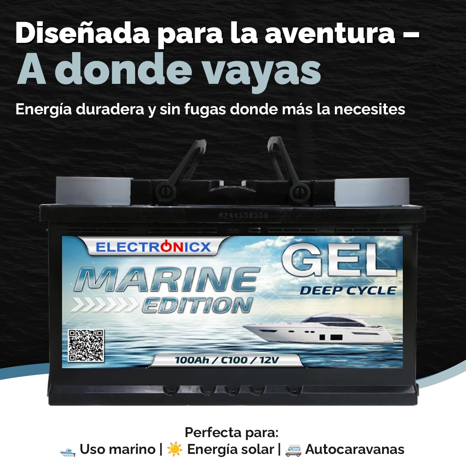 Electronicx batería de Suministro Gel 12V / C100 / 100Ah – Batería Gel 100 Ah para Autocaravana, Barco, Caravana, Furgoneta y Ocio – Marine Edition 278×175×190 mm, Polo Positivo a la Derecha