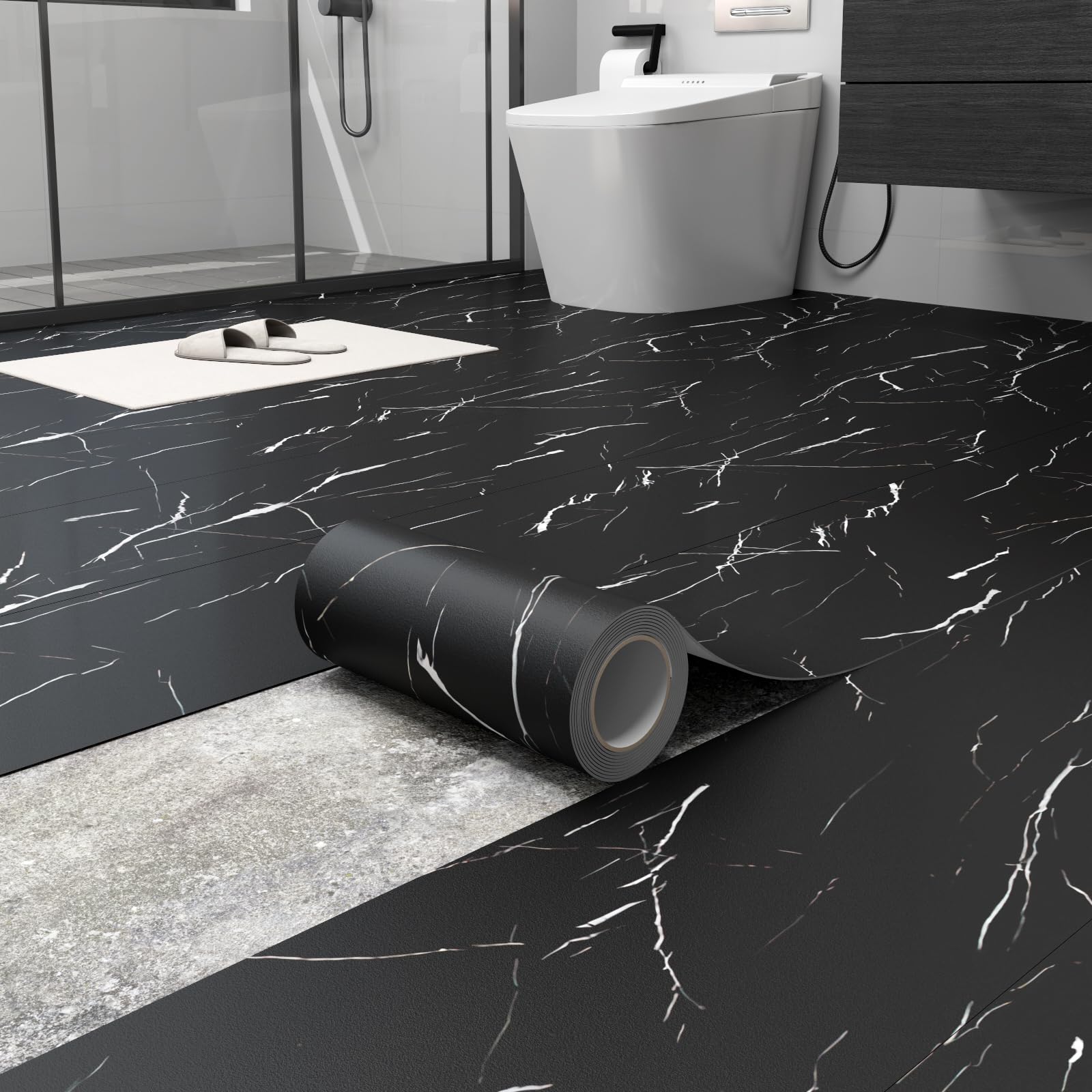 Peel and Stick - Piastrelle per pavimenti in vinile, 30 x 1500 cm, impermeabile, antigraffio, per affittuari, cucina, bagno, camper, colore: marmo nero