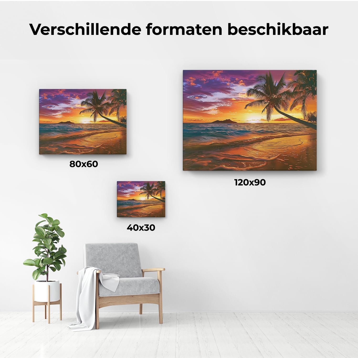 Artaza Leinwand Bilder Sonnenuntergang Strand - 80x60 cm - Wanddeko Meer - Wandbilder Palme Karibik - Deko Wohnzimmer