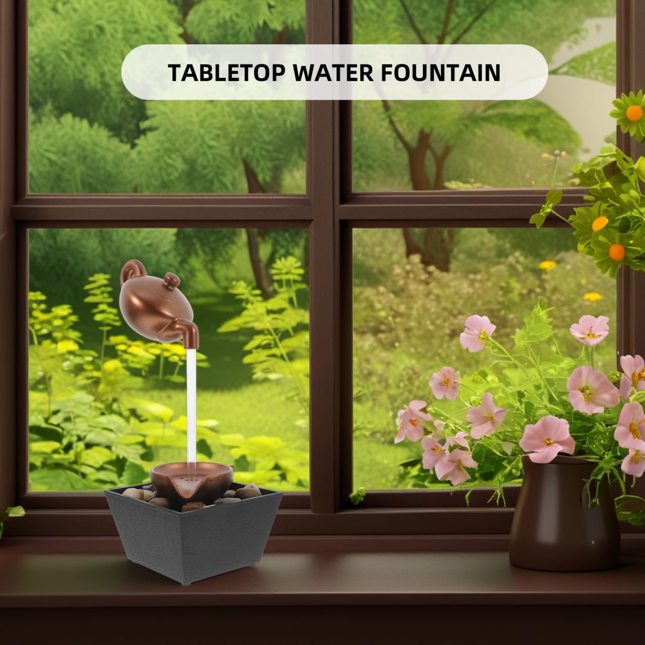 ibasenice Tischbrunnen Zimmerbrunnen mit LED Beleuchtung, Mini Wasserfall Indoor für Entspannung und Schlafzimmer, USB-Betriebener Zimmerspringbrunnen Gold, 11.5x11.5x13 cm