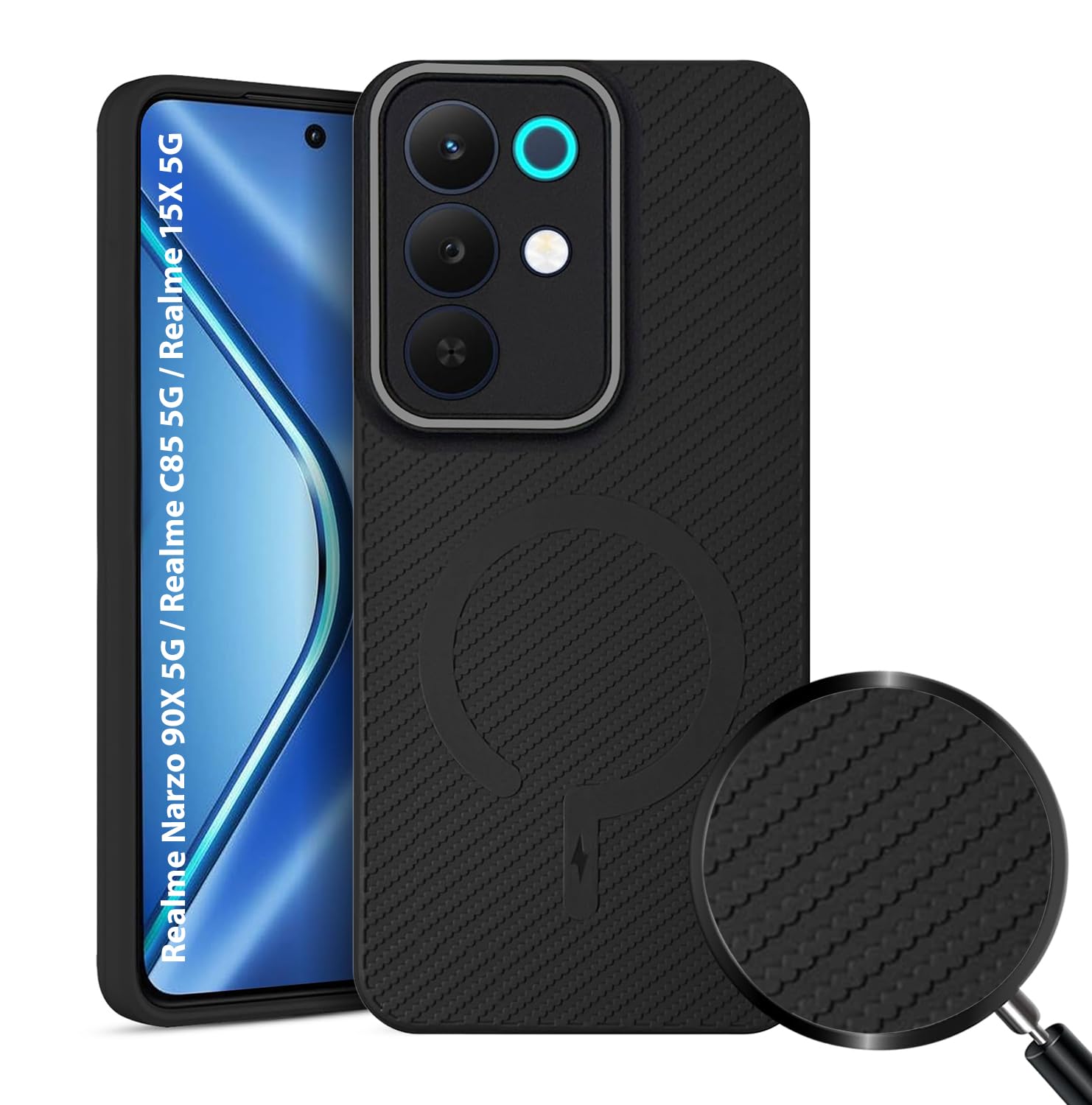 LIRAMARK Rugged Carbon Fibre TPU Armor Silicone Back Cover Case for Realme Narzo 90X 5G / Realme C85 5G / Realme 15X 5G