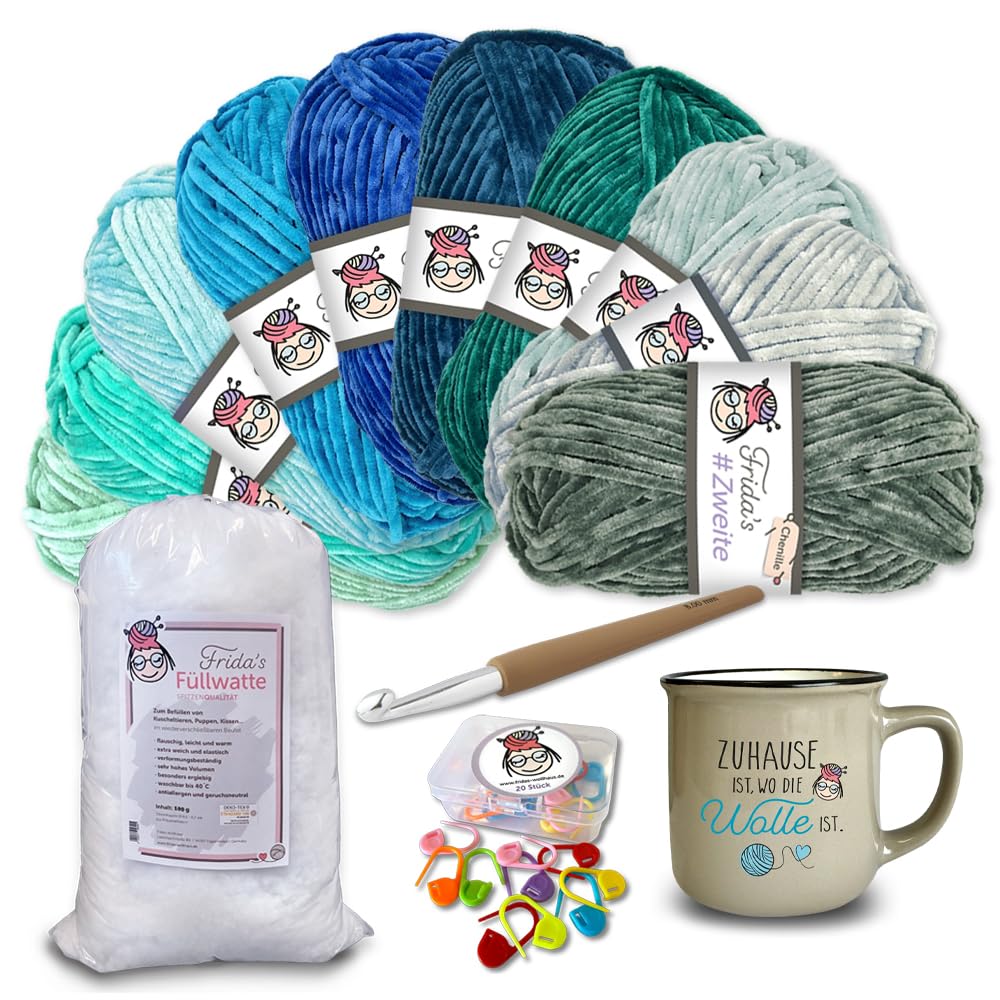 Frida's Wollhaus Frida's Garn-Set Winter 34-teilig #Zweite Chenillegarn Wolle Tasse Häkelnadel Maschenmarkierer Füllwatte