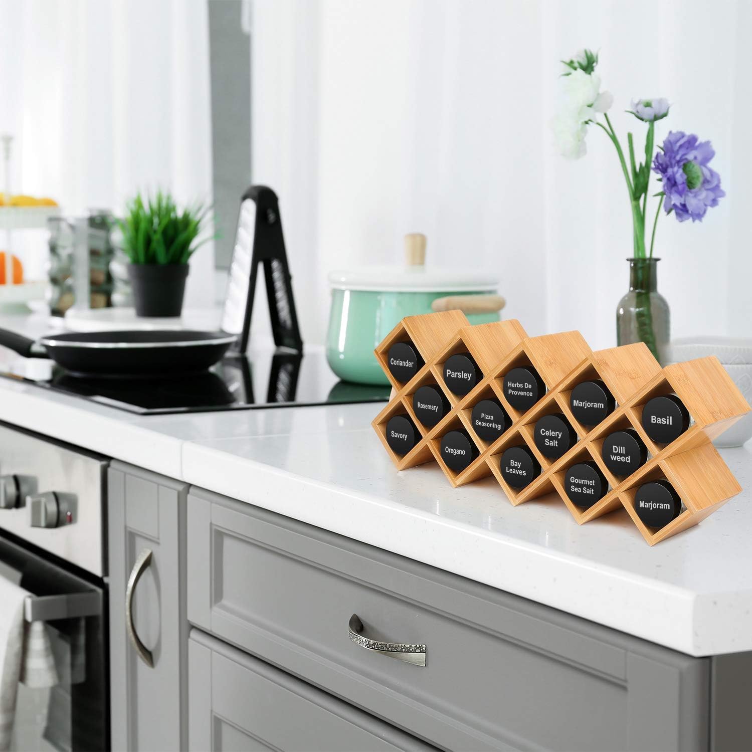 Portaspezie Portacondimenti 14 griglie Portaspezie in bambù Organizzatore da bancone Scaffale da scrivania incrociato adatto per barattoli di spezie, bottiglie, contenitori da cucina, organizer per