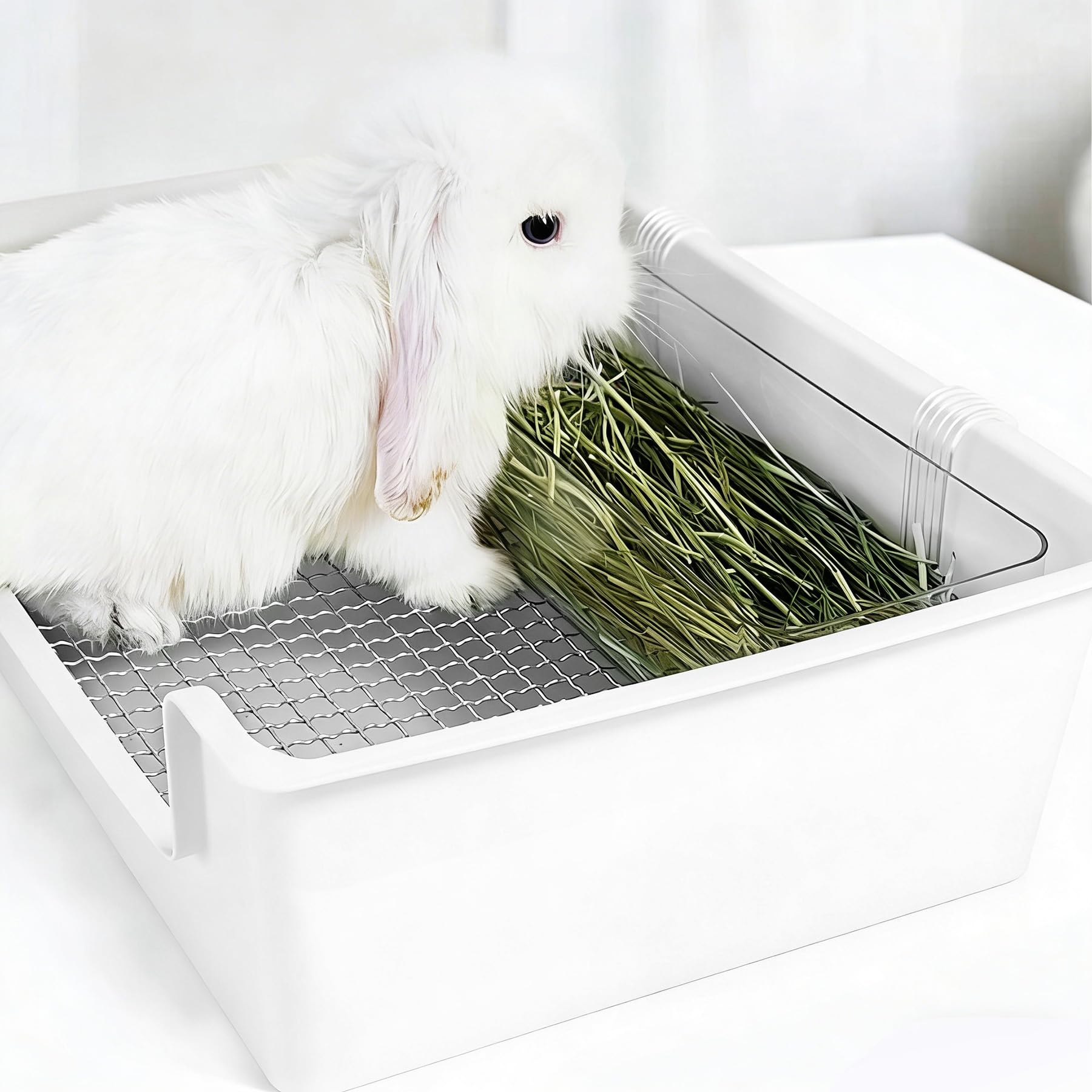 Dmnnlp Stainless Steel Gird Rabbit Litter Box, Low Entry Bunny Litter Pan with Hay Feeder & Broom, Corner Potty Tray for Small Animals Rabbits Guinea Pigs Ferrets, 15.4x11.2x4.8 inch (White) - image 6
