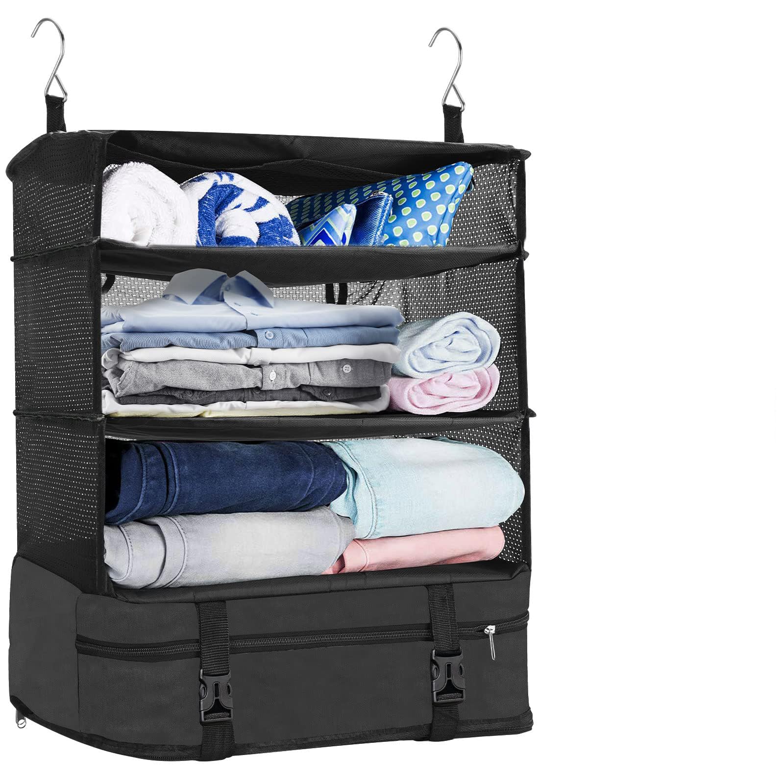 KASTWAVE Portable Hanging Travel Shelves with Toiletry Bag Set, Premium Durable Oxford Packing Cubes for Suitcases Hanging Carry on Closet Luggage Organizers for Travel (Black)