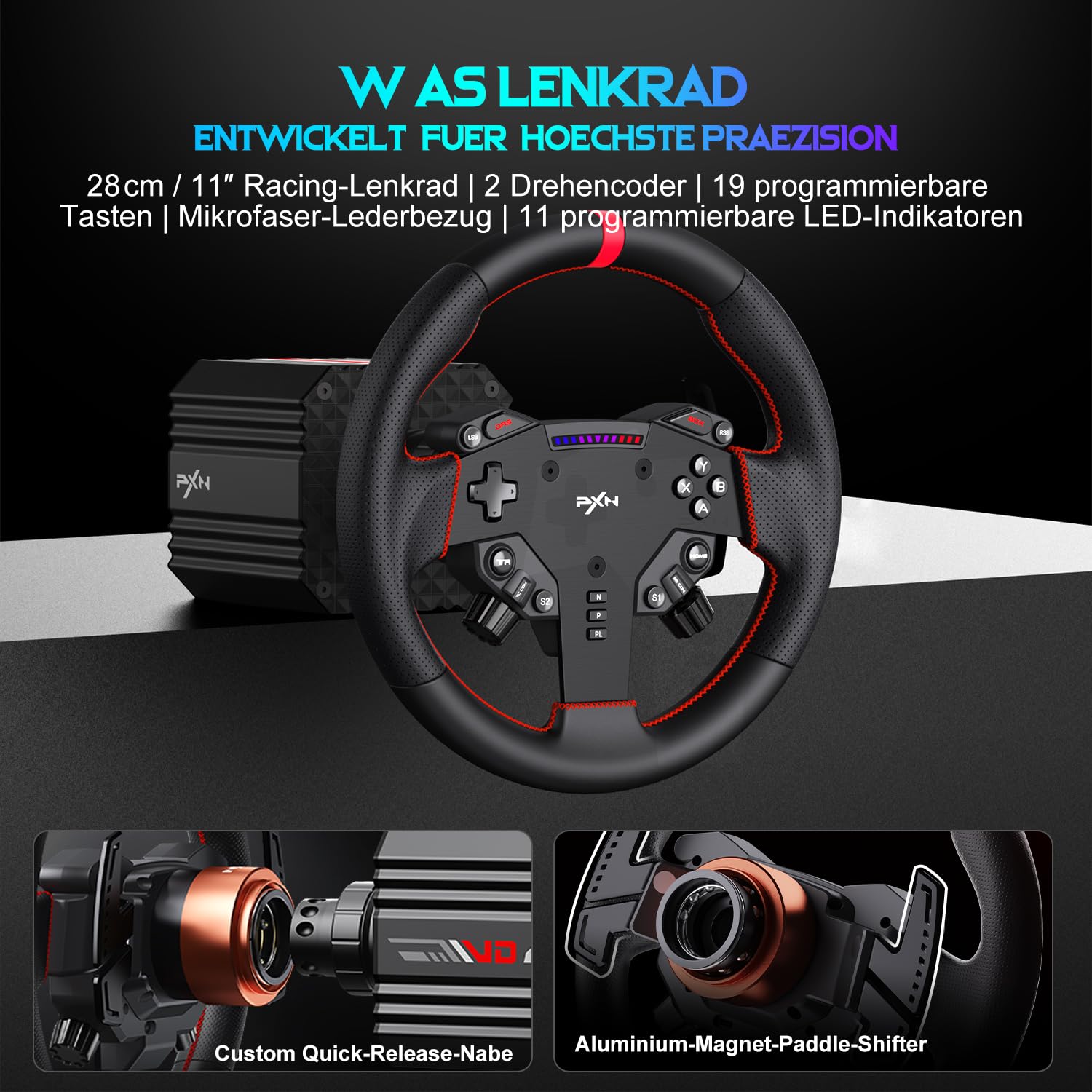 PXN VD6 Gaming Lenkrad Bundle – Direct-Drive-Rennlenkrad-Set mit 6 Nm Servomotor-Basis, W AS Gaming-Lenkrad (28 cm), PD HM 2-Pedal und Tischklemme – Sim-Racing-Set für PC