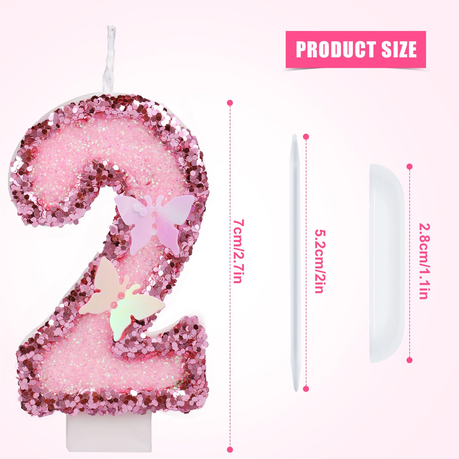 2.7 Inch Birthday Number Candles, Pink Number Candles Cake Topper Butterfly Birthday Candles with Sequins Glitter for Anniversary Celebrations Supplies (Number 2)