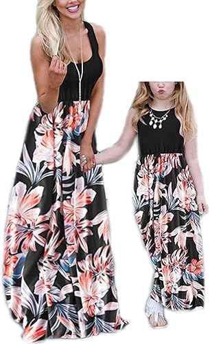 Mommy and Me Dresses Casual Floral Family Outfits Summer Matching Maxi Dress