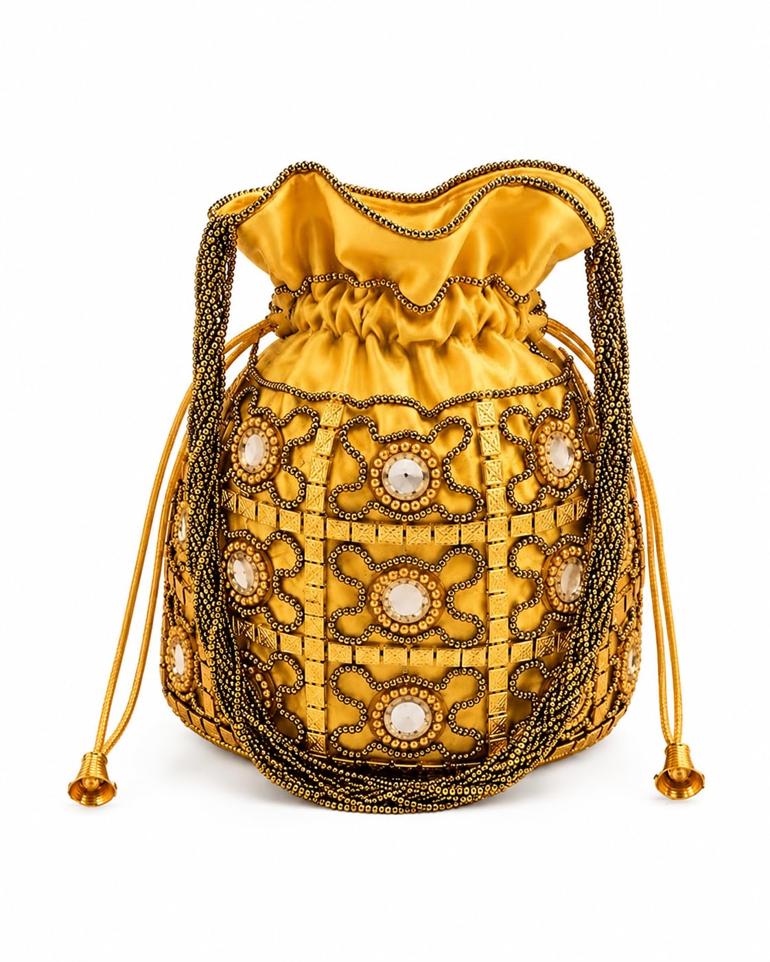 Royal Heritage Arts Gold Potli Bag, Embellished with Beads and Mirror Work, Drawstring Closure, Bridal Wedding Clutch-image-9