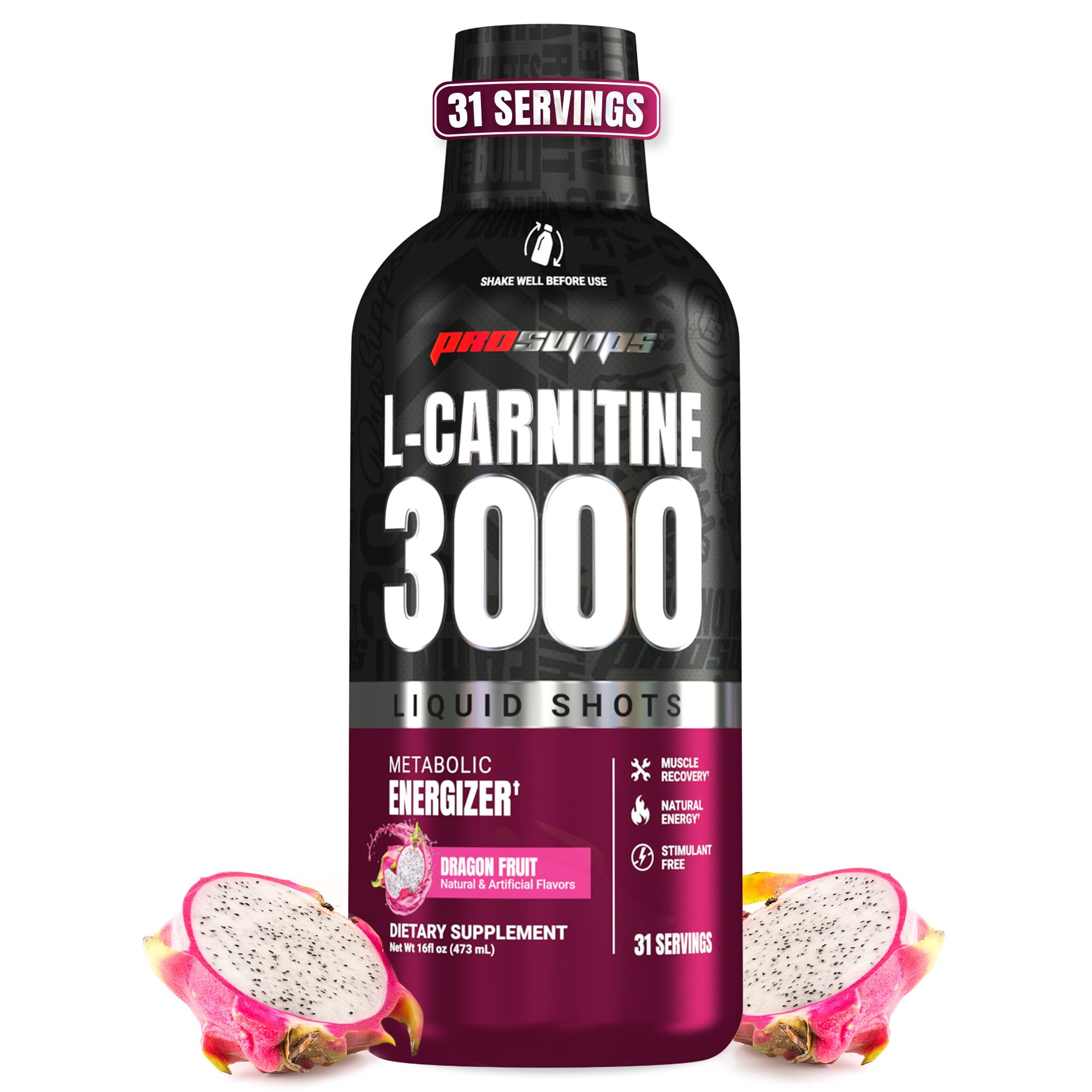 L-Carnitine Liquid 3000, Stimulant-Free Liquid Shots for Men & Women - Clean Workout Drink for Energy, Performance & Muscle Recovery - No Sugar, No Carbs - 31 Servings, Dragon Fruit
