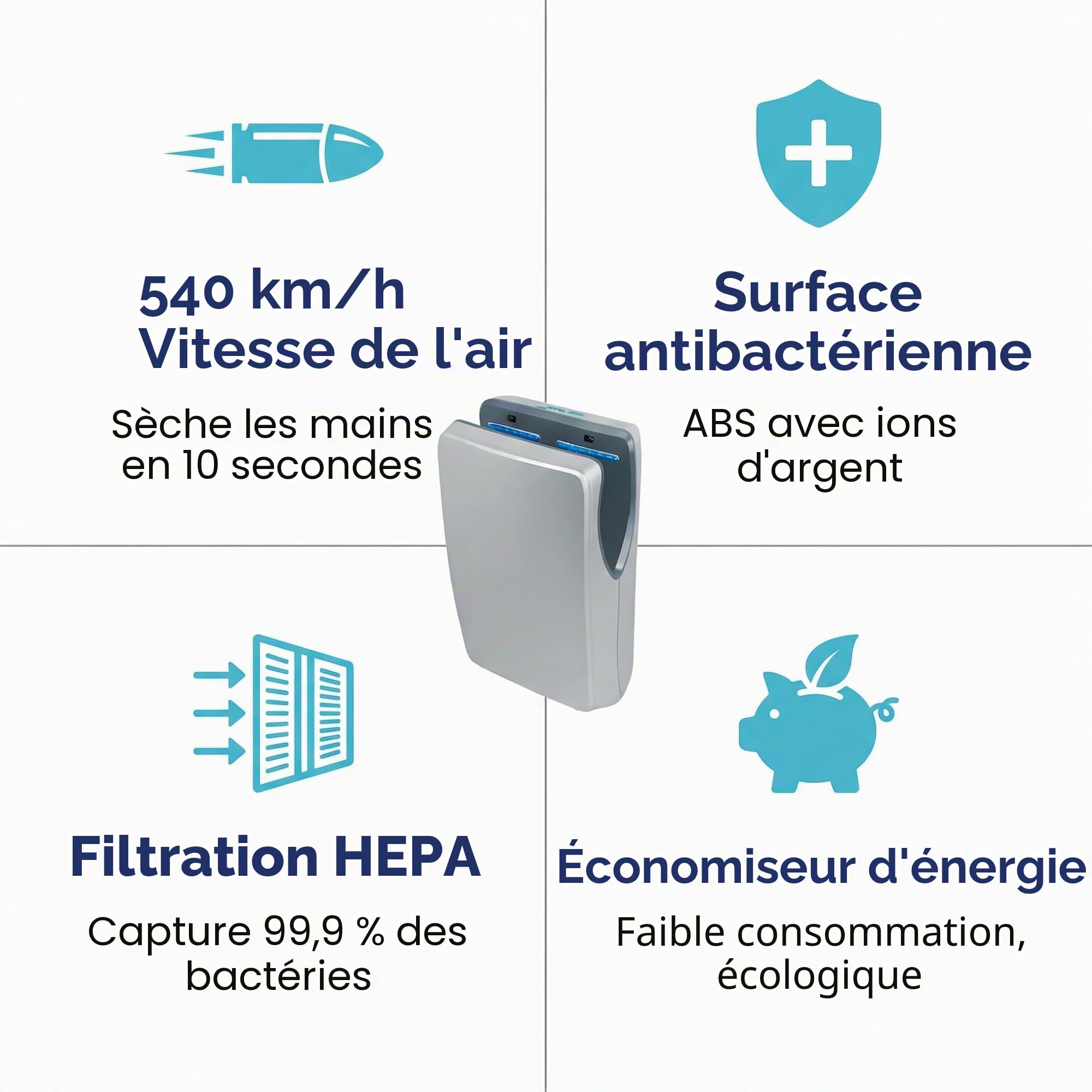 Jofel - Sèche-mains optique haute performance (540 Km/h) 1500 W, Sèche-mains automatique, rapide, type rideau, réservoir de collecte, modèle Jet Smart Boîtier ABS antibactérien, AA24550 Argent