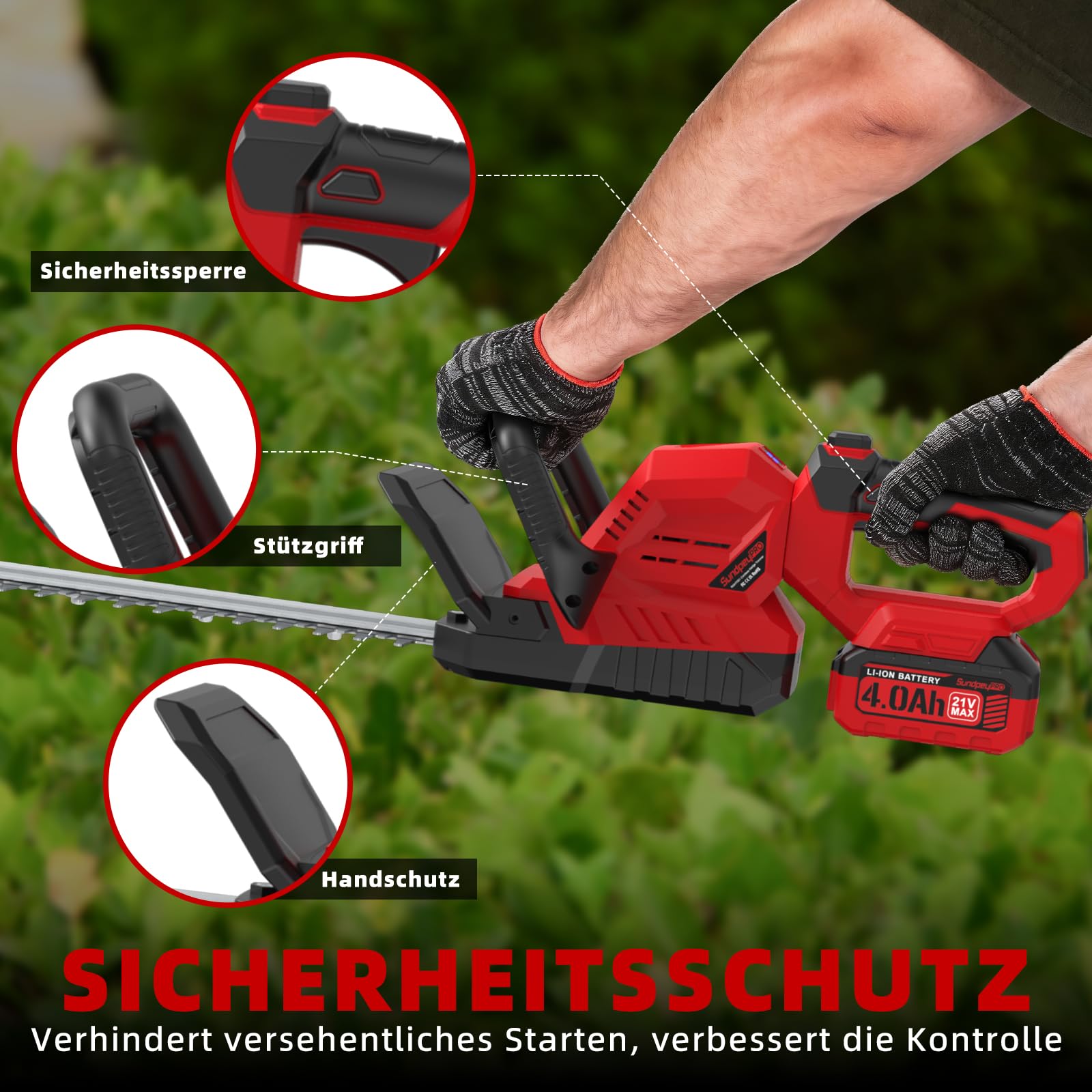 21V Heckenschere Akku 2x4.0Ah - Leichte Elektrische Heckenschere mit Akkus und Ladegerät, 53cm Dual Action Klinge, 16mm Zahnabstand, 180° Drehbarer Griff, Heckenschneider für Sträucher