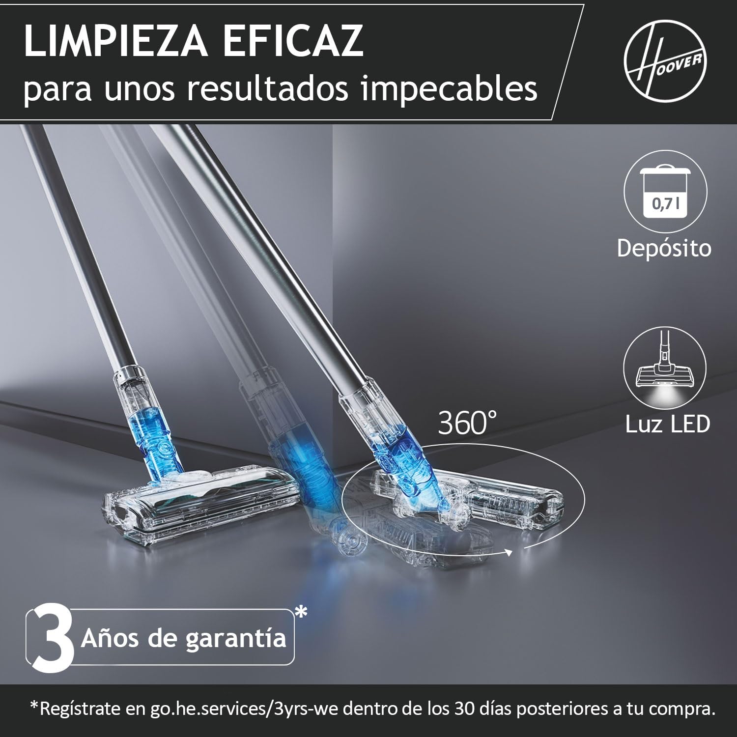 Hoover Aspiradora Escoba Sin Cable para Mascotas, Maniobrable 360 Grados para Todo Tipo de Suelos, Cepillo Anti-Enredos con Luces LED [HF4]