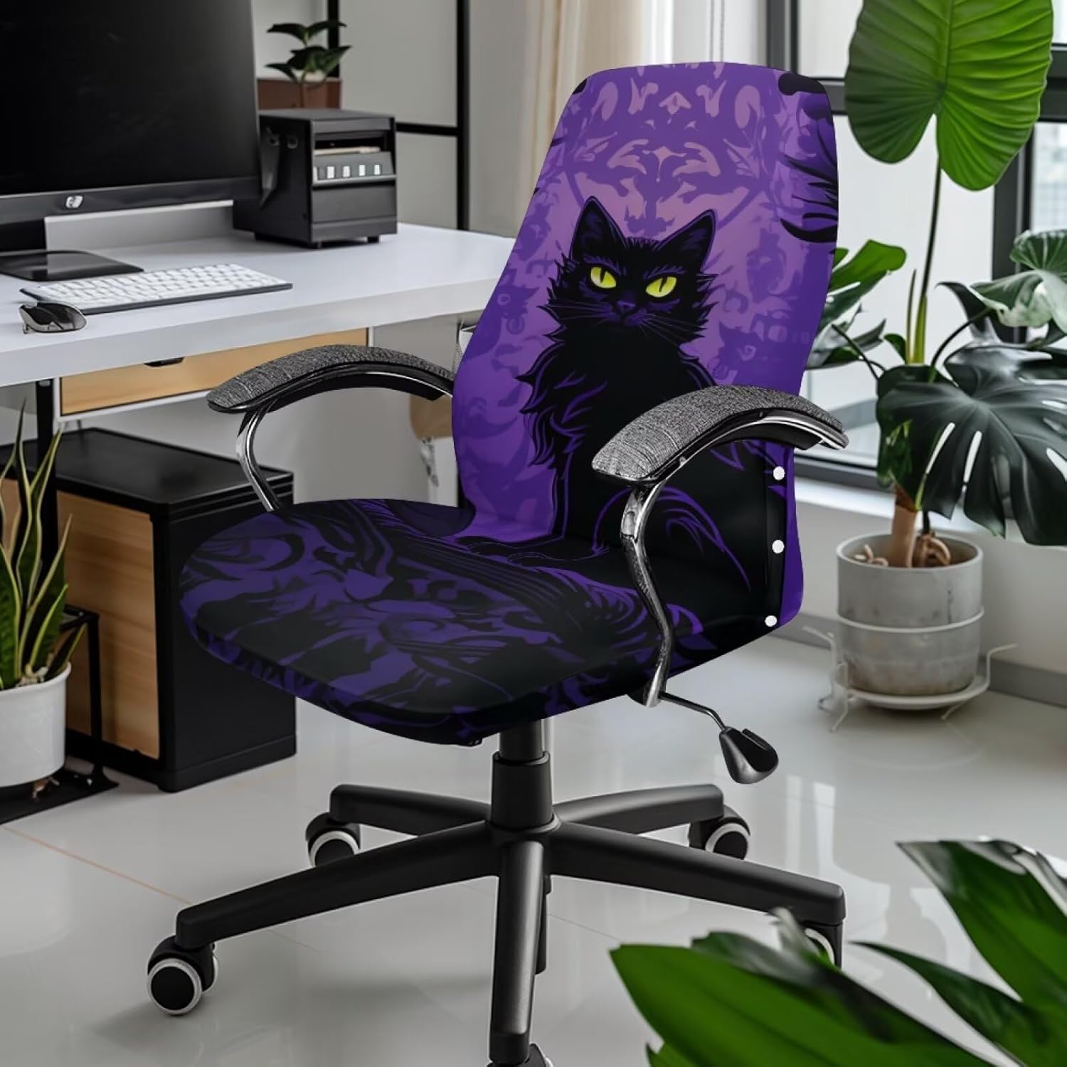 Black Cat Office Chair Cover with Arms Stretchable Pet Proof Computer Chair Slipcover Non-Slip All-in-one Halloween Desk Decor Universal Fit for Home Office & Gaming Chairs Size L