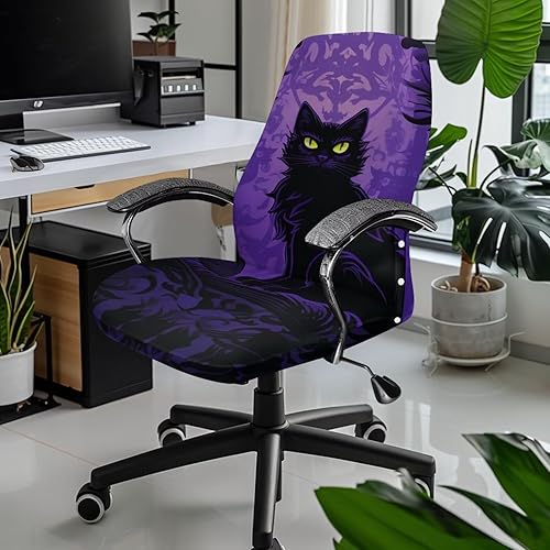 Miniatura 2 de Funda para silla de oficina de gato negro con brazos, elástica, a prueba de mascotas, antideslizante, todo en uno, decoración de escritorio de