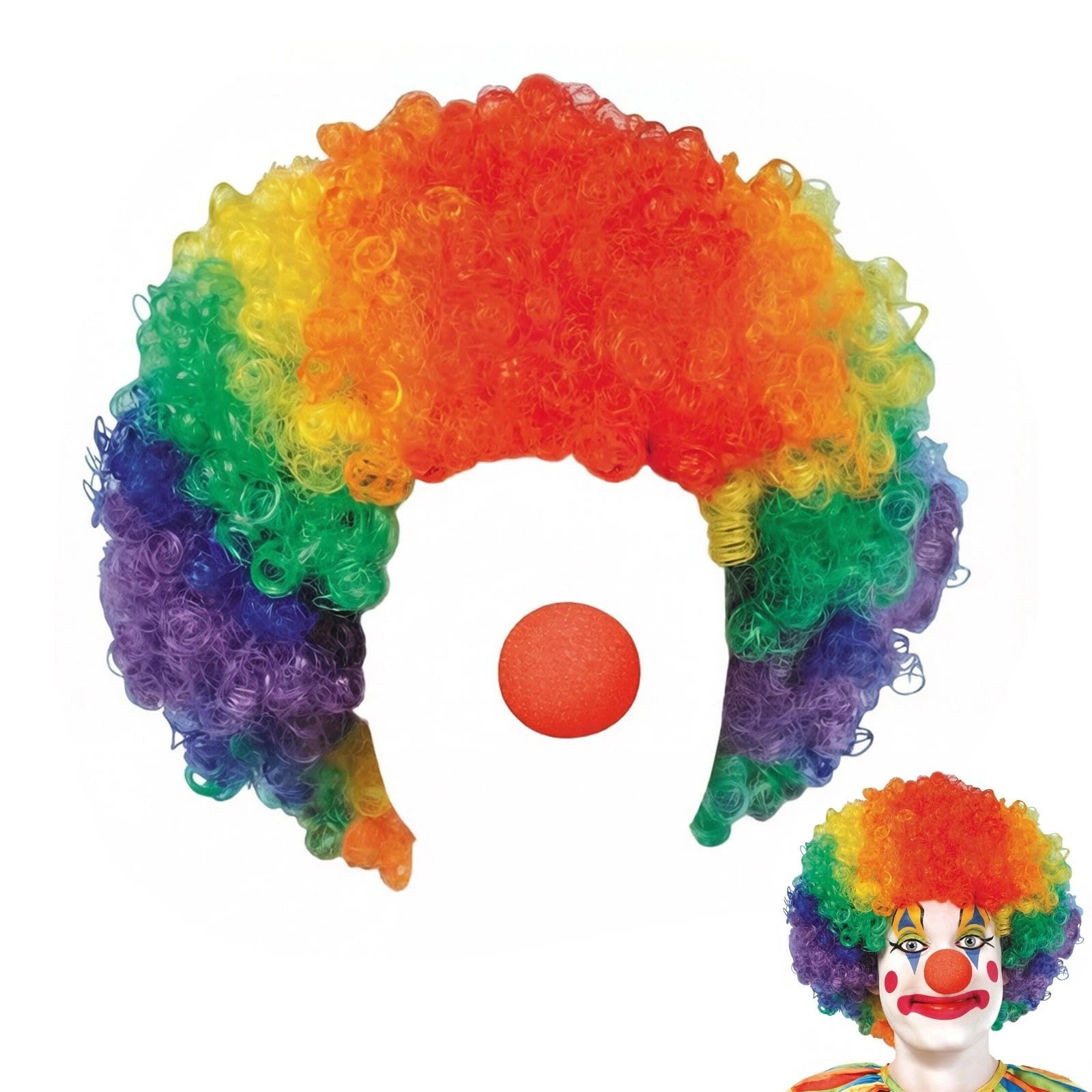 AYZDJ 2Pcs Red Clown Nose + Colorful Curly Afro Clown Wig, Funny Costume Accessory Set for Stage Performance Show Circus Cosplay Halloween Dress-Up Party for Adults.