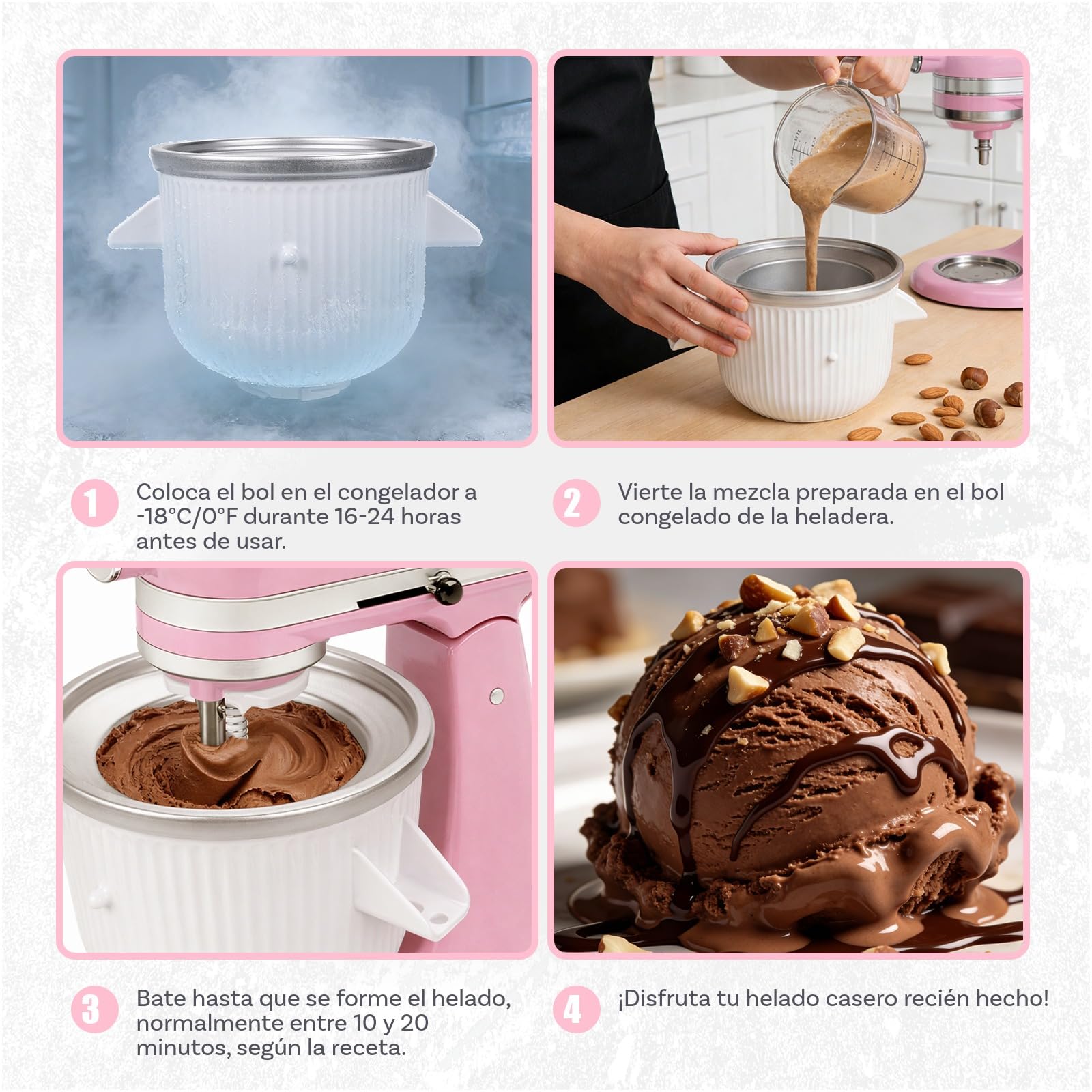 Accesorio para Máquina de Helados para KitchenAid Batidora – Compatible con Modelos 4.5QT, 5QT y 6QT Tilt-Head y Bowl-Lift – Cuenco de 1.9L para Helado, Sorbete, Gelato y Yogurt Congelado