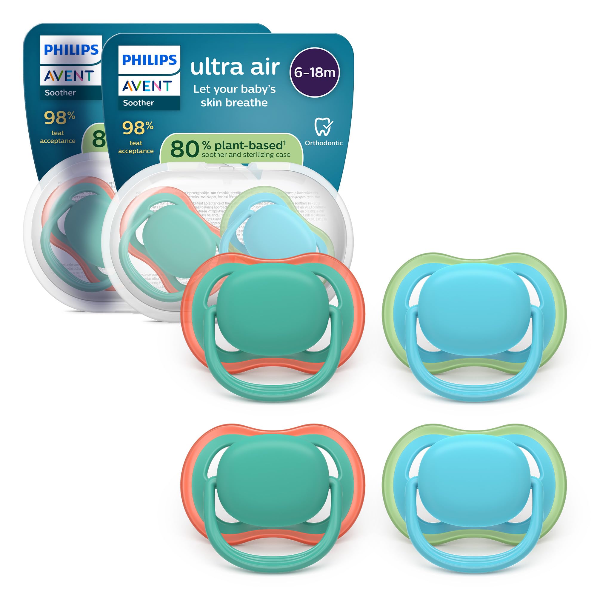 Philips Avent Ultra Start Ciuccio - Design ortodontico, per neonati 6-18 mesi, tettarella simmetrica in morbido silicone, senza BPA, 2 custodie per la sterilizzazione, confezione da 4, SCF087/24