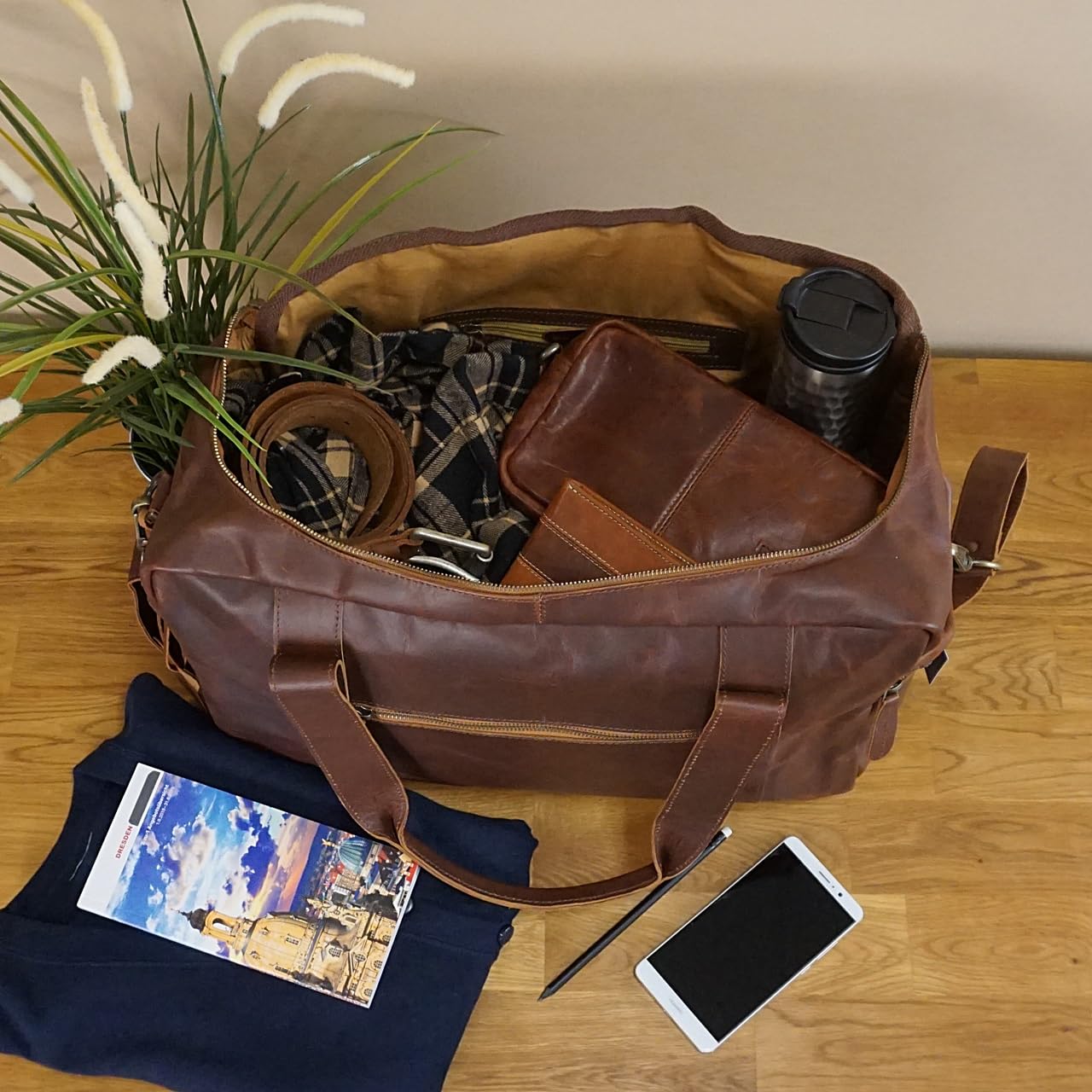LECONI Reisetasche Büffelleder Handgepäck Leder Sporttasche Unisex groß Weekender 55x30x21cm braun