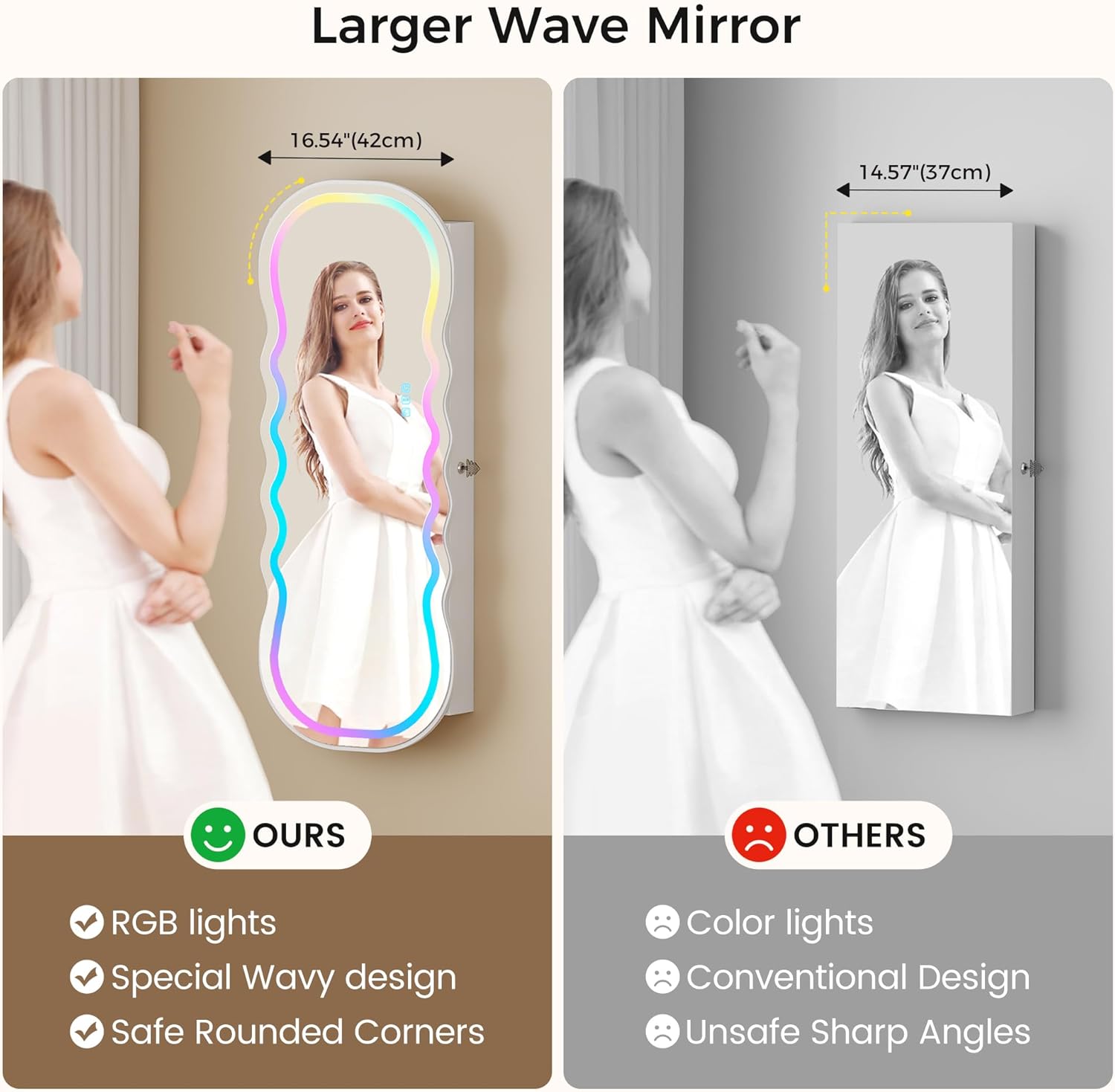 Lvifur RGB Lighted Mirror Jewelry Cabinet,LED Wavy Wide Mirror with Storage, Wall or Door Mounted Jewelry Organizer with Interior Mirror,Lockable Jewelry armoire,Gift Ideal