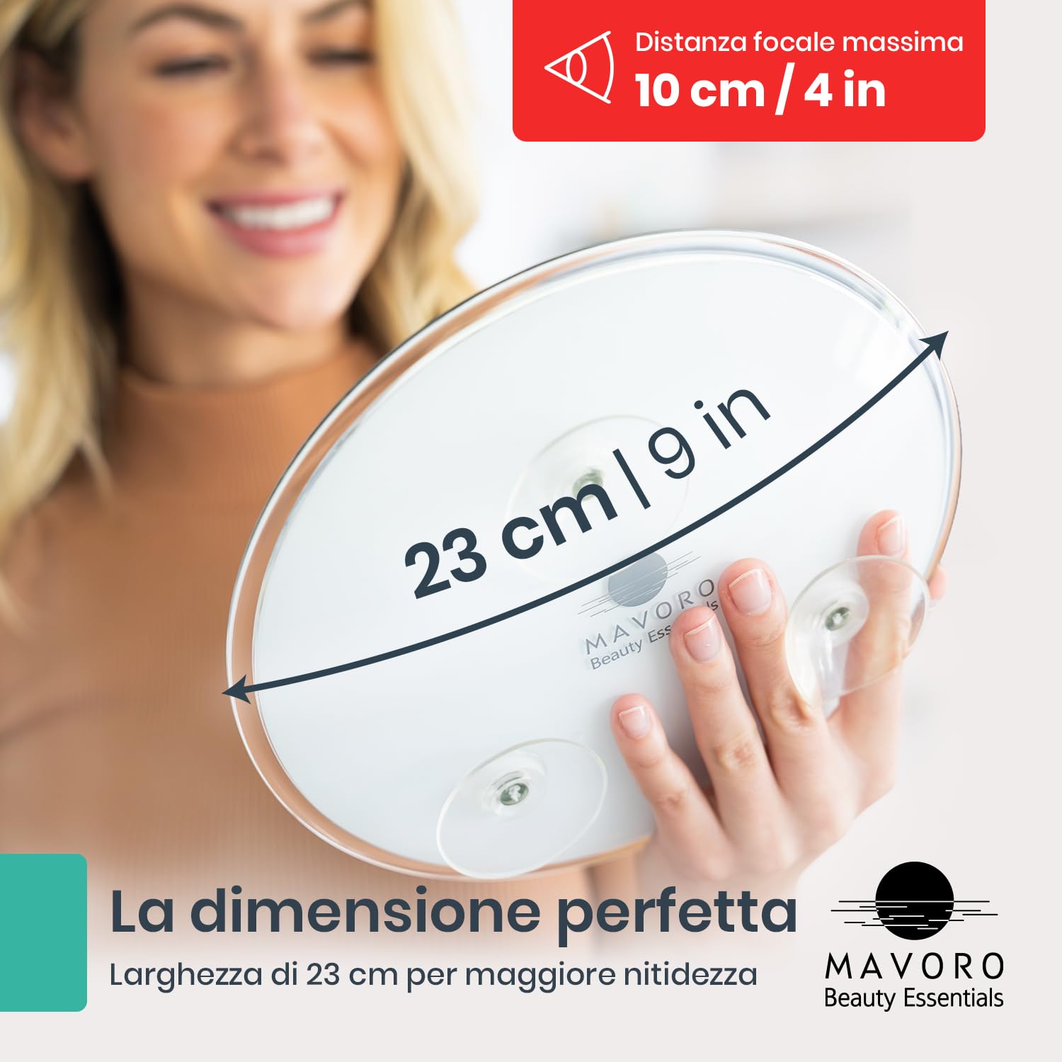Mavoro Specchio ingranditore 23 cm con 3 ventose forti | Ingrandimento 10X | Specchio trucco & cosmetico da viaggio portatile (10X)