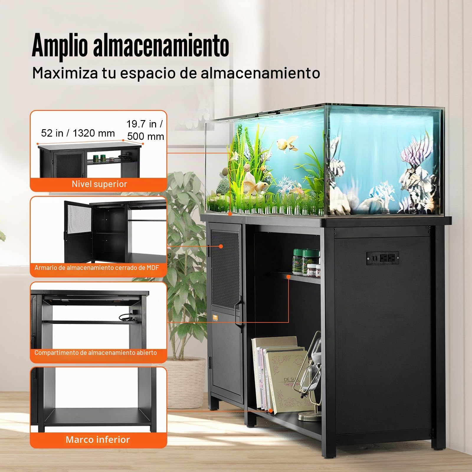 VEVOR Soporte para Acuario Carga de 284kg Mueble para Acuario 132x50x82cm de Acero y MDF Soporte para Tanque de Reptiles con Armario de Almacenamiento y Toma de corriente Integrada para Salón, Oficina