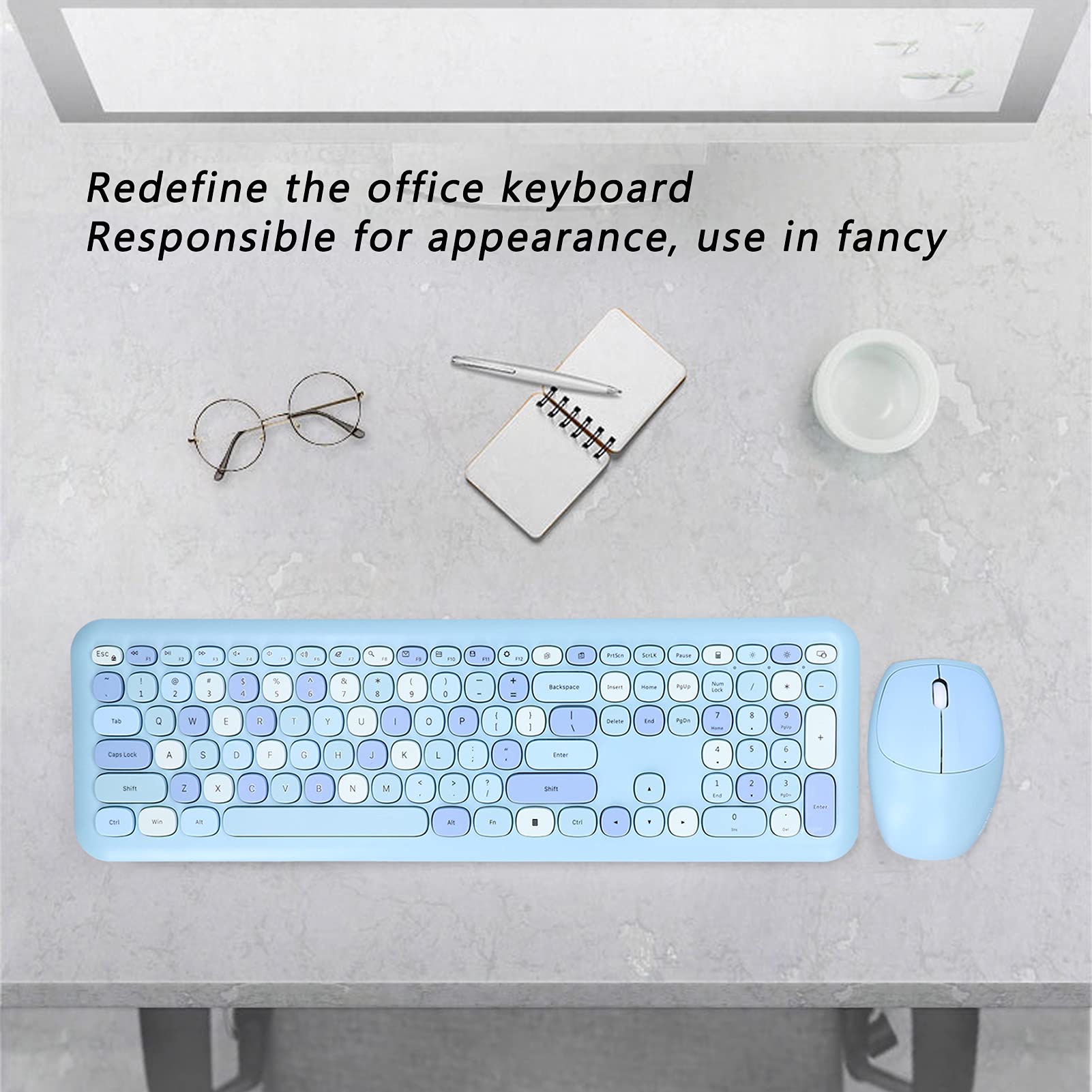 Bezprzewodowa Klawiatura i Myszy Kombinacja, 110 Klawiszy Pełna Rozmiar Ergonomiczna Konstrukcja Retro, Ciche Klawisze Wyciszające, Wtyczki i (Niebieski klawisz mieszany i zestaw myszy)