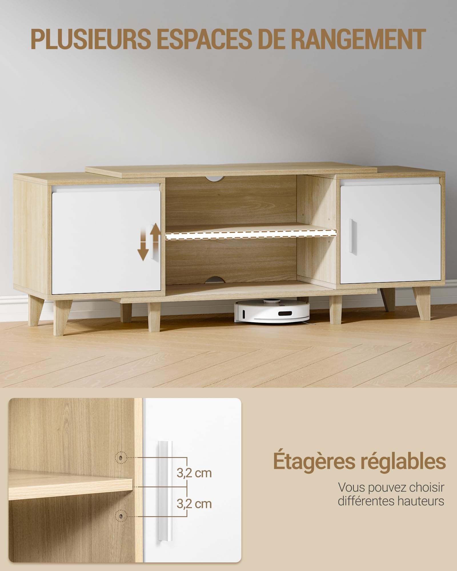 Hzuaneri Meuble TV, Banc TV pour Télévisions 65 Pouces, Blanc-Chêne