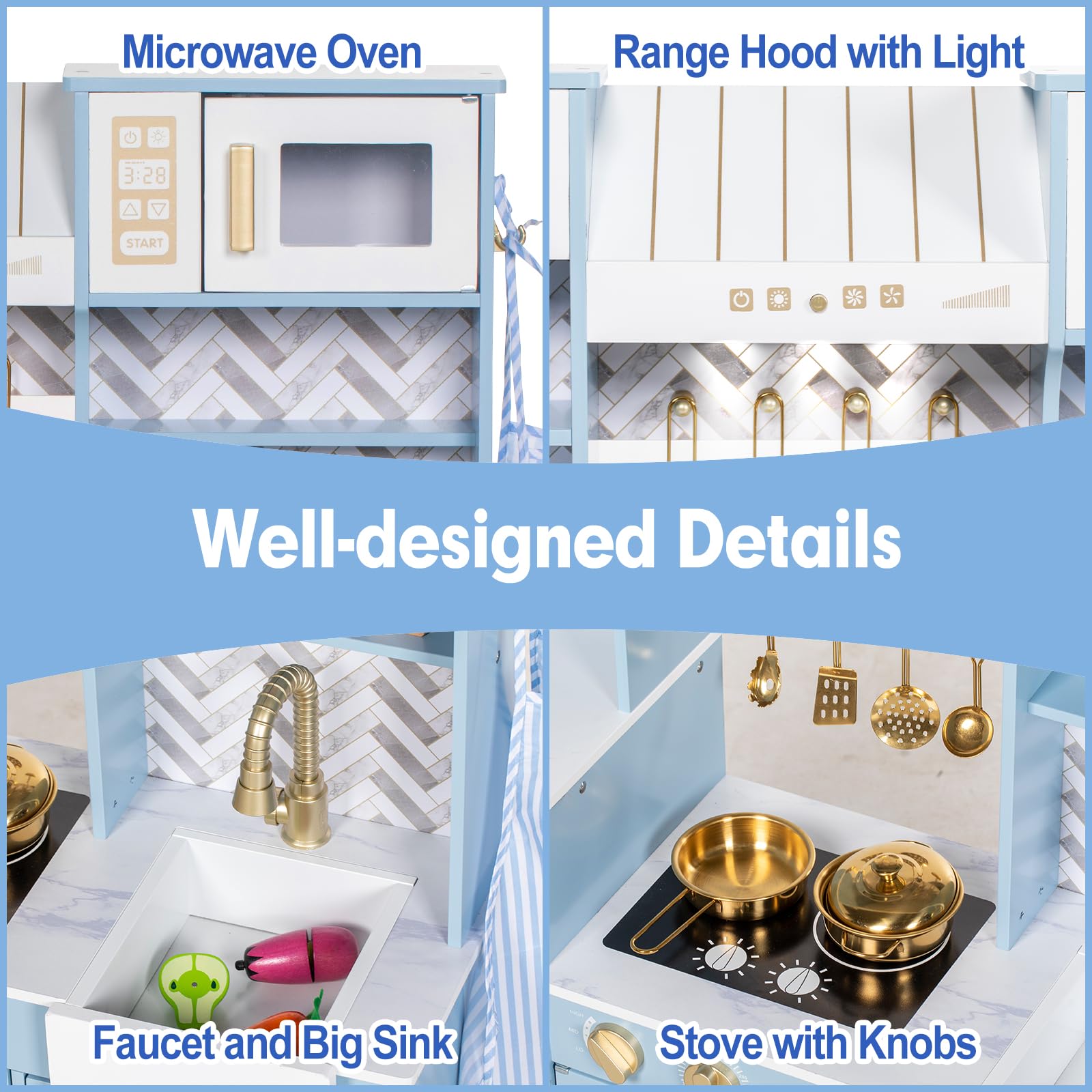 BRINJOY Cuisine en Bois avec Four, cuisinière, Lave-Linge, aperçue, Machine à glacer, ustensiles de Cuisson, Jeu de Cuisine de Jouets pour Petite Fille garçons âges 3+ (Bleu)