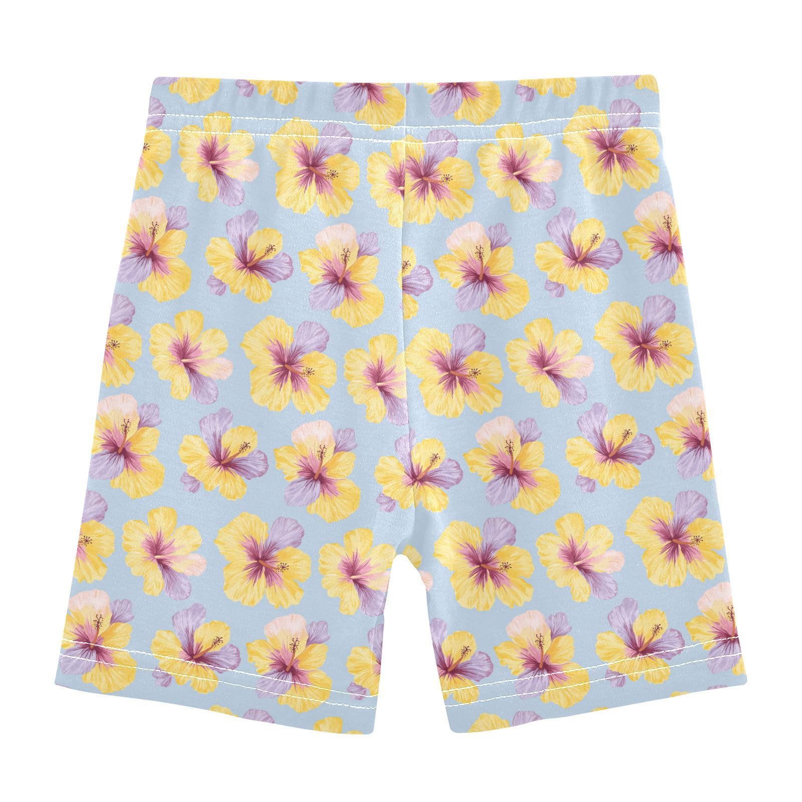 Sletend Yellow Hibiscus Flower Soft Cotton Girls' Shorts Lightweight Elastic Waist Shorts for Summer Fun Ideal for Layering or Daily Outfits Available in 4T to 10Y