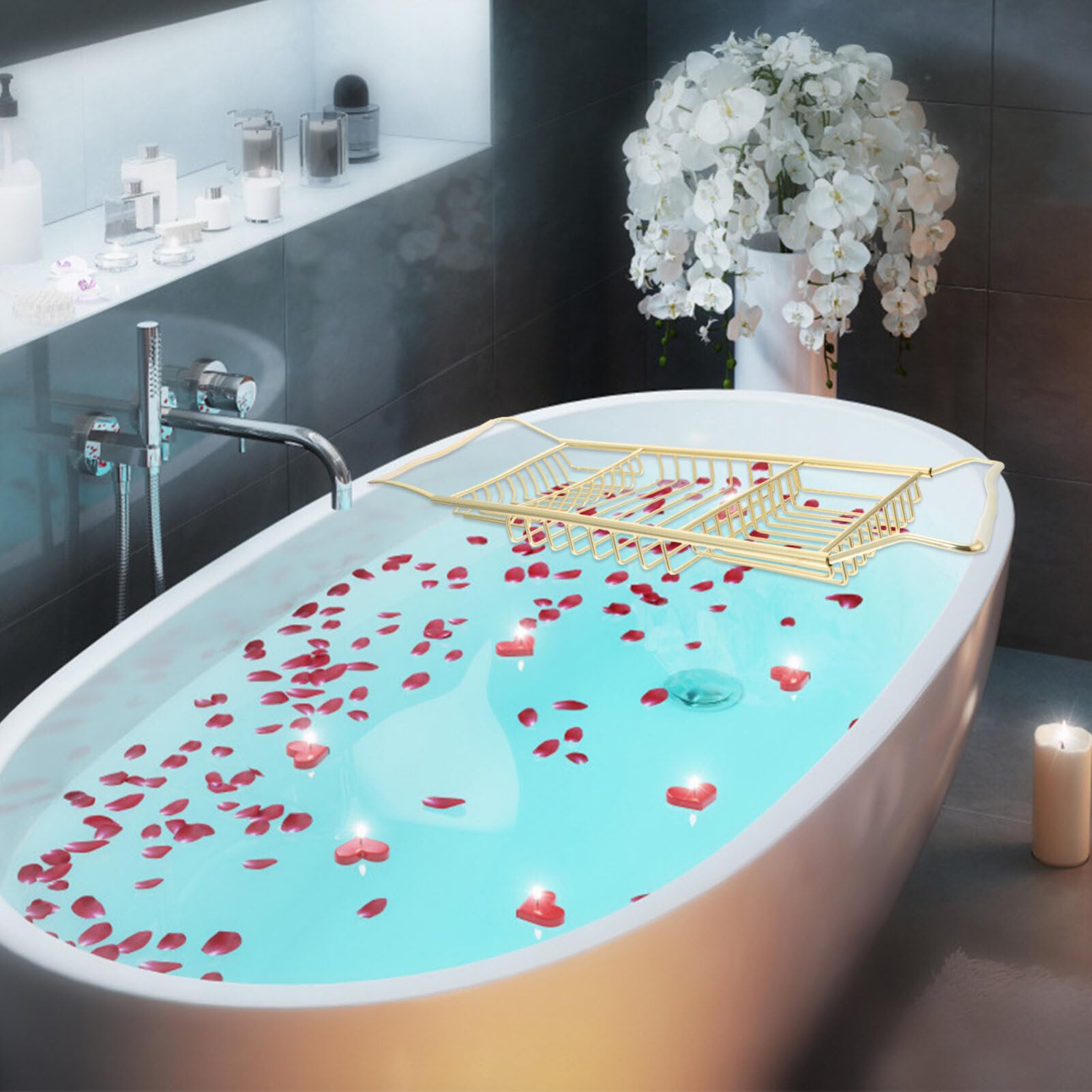 Mensola Estensibile Per Vasca Da Bagno in Acciaio Inox, Vassoio Regolabile Portaoggetti, Dorato, Per Accessori Bagno E Relax